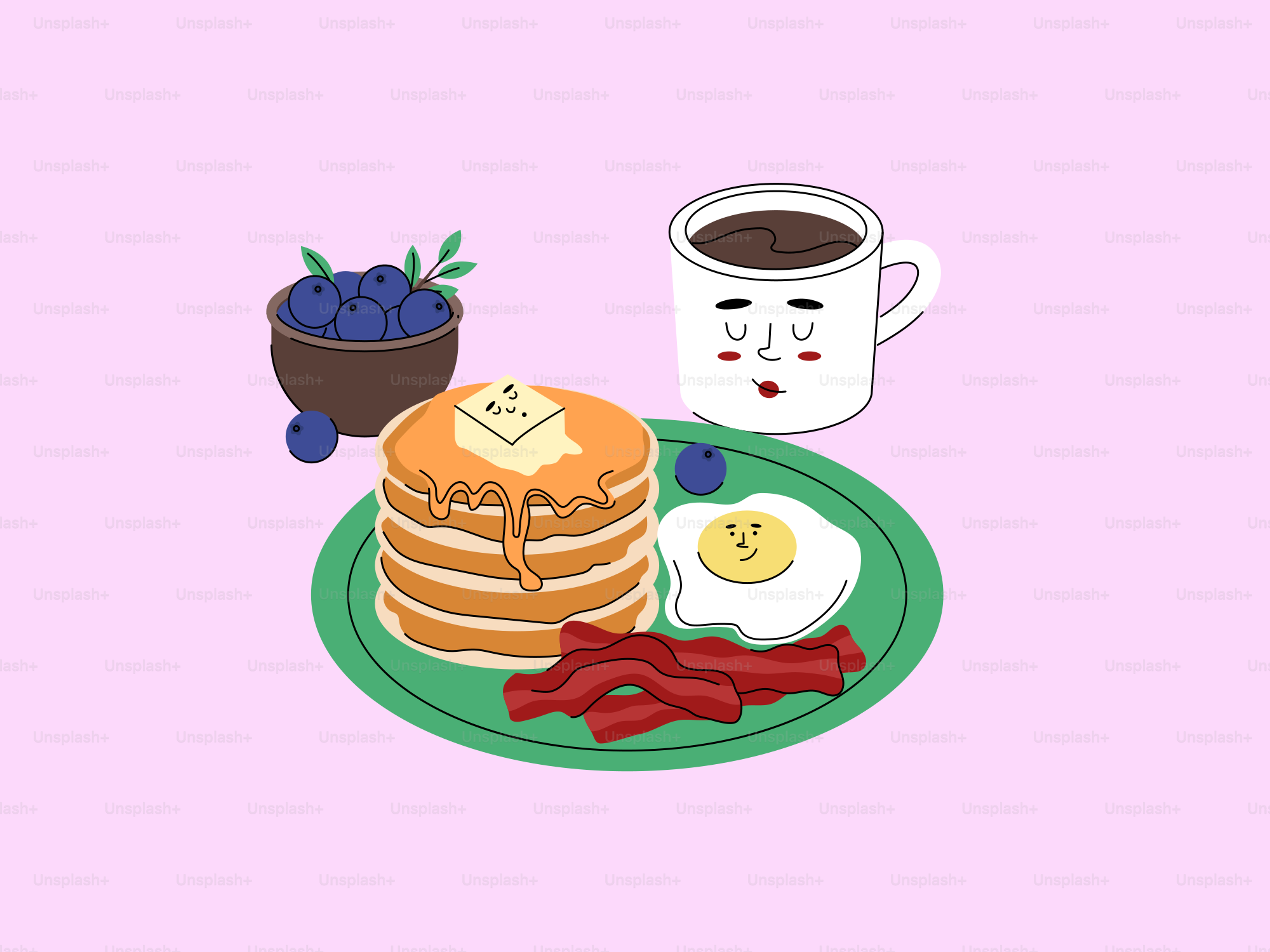 Stack of pancakes with bacon, egg, blueberries, and coffee.