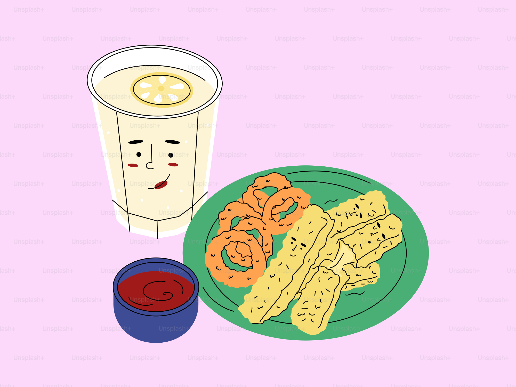 Fried snacks with dipping sauce and lemonade