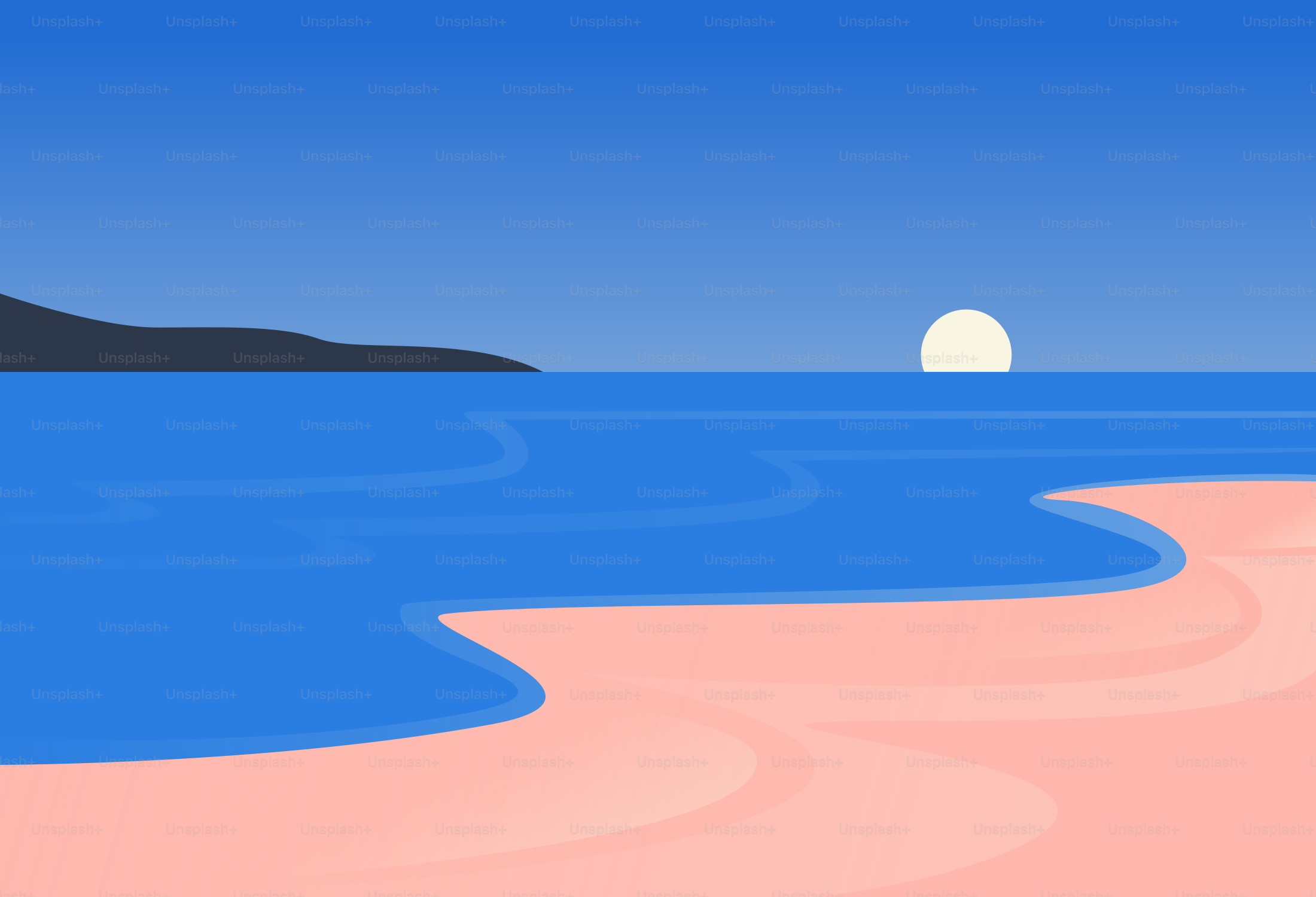 Calm ocean waves on a pink sandy beach at sunset.