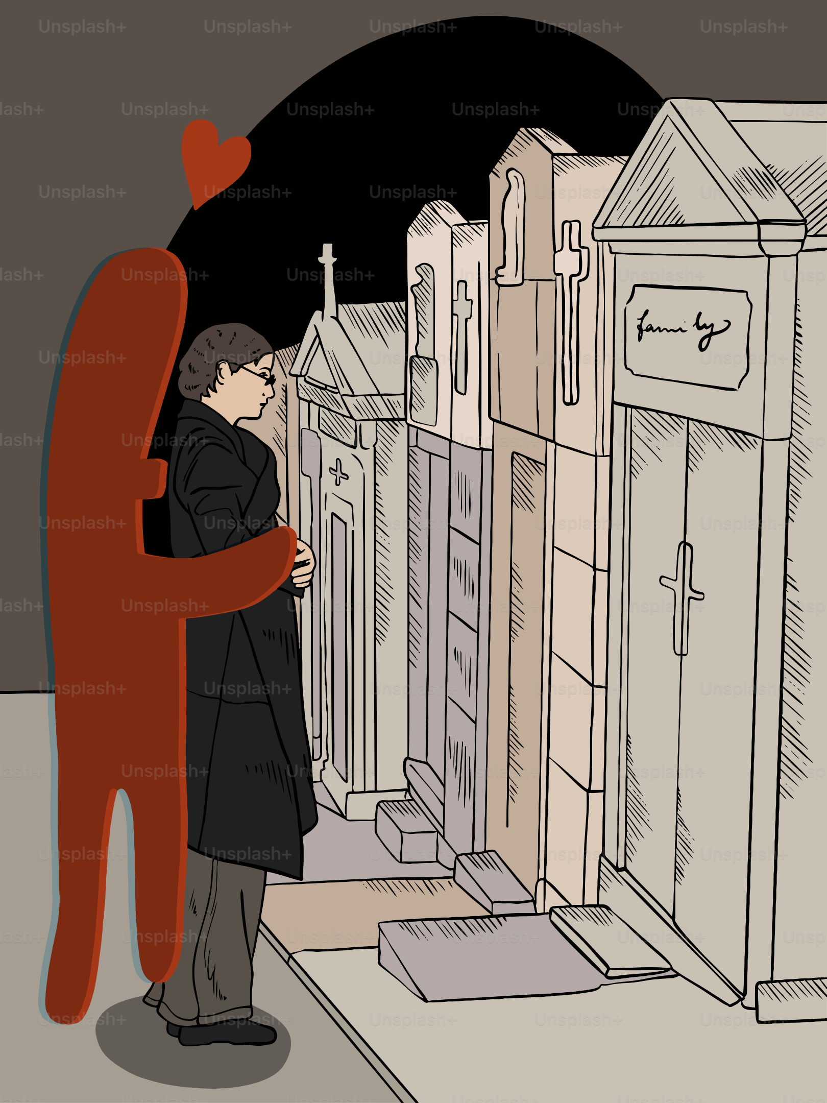 Eine Person umarmt nachts einen anderen auf einem Friedhof.