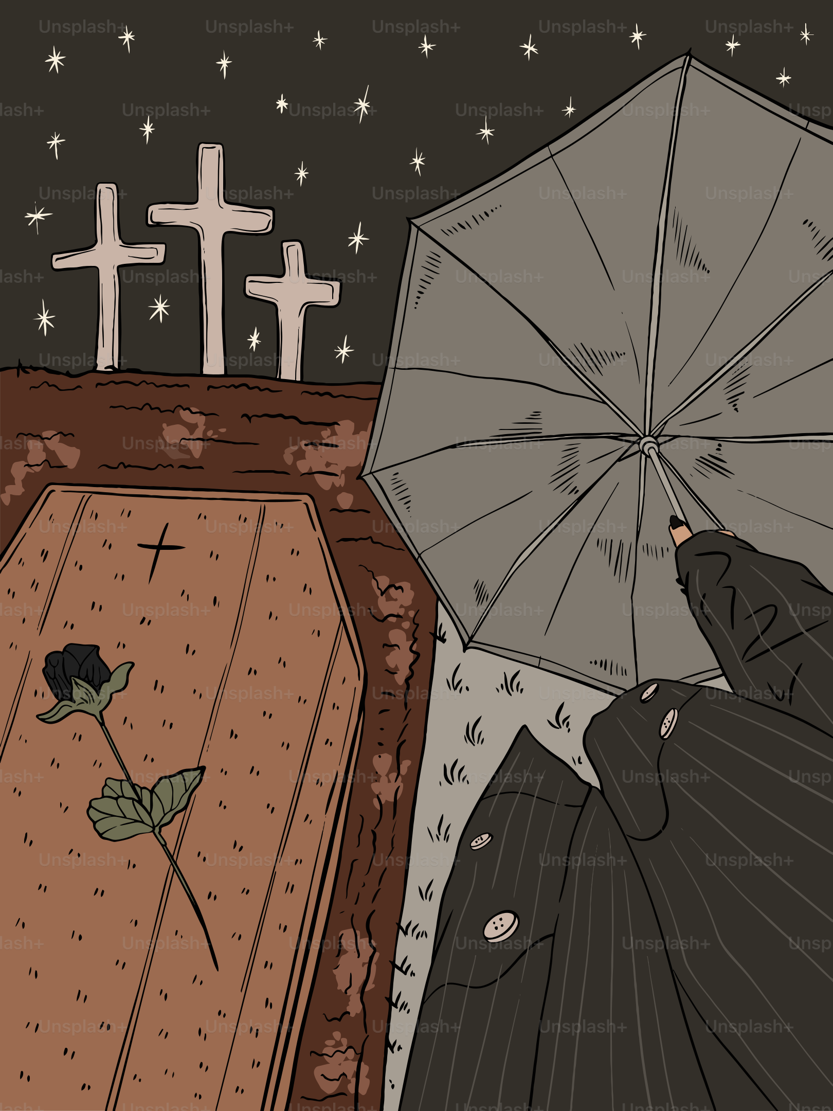 Pessoa segurando guarda-chuva sobre caixão no cemitério