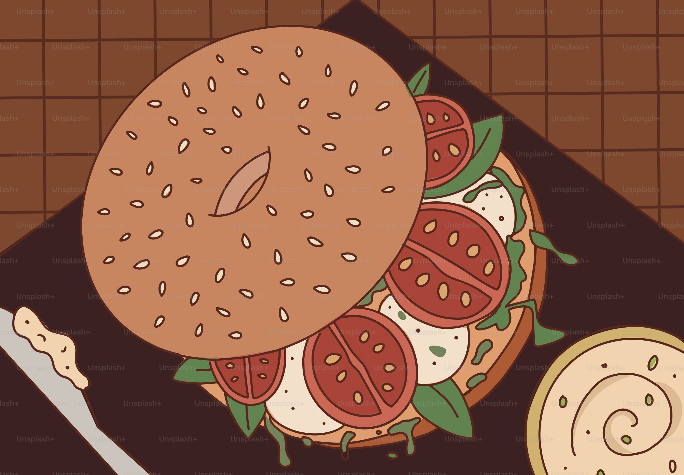 Bagel sandwich with tomatoes, mozzarella, and arugula