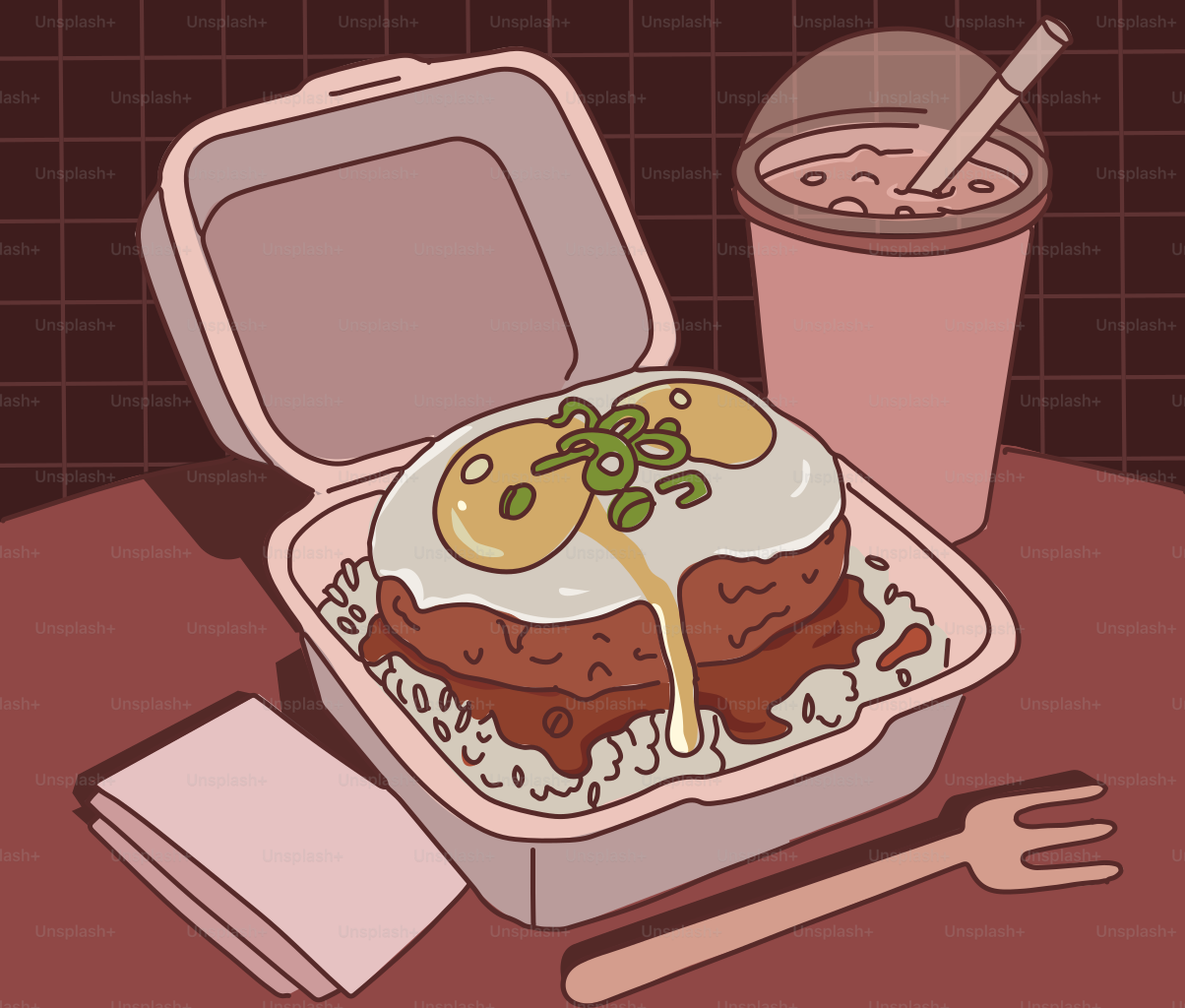 A plate lunch with eggs, rice, and a drink.