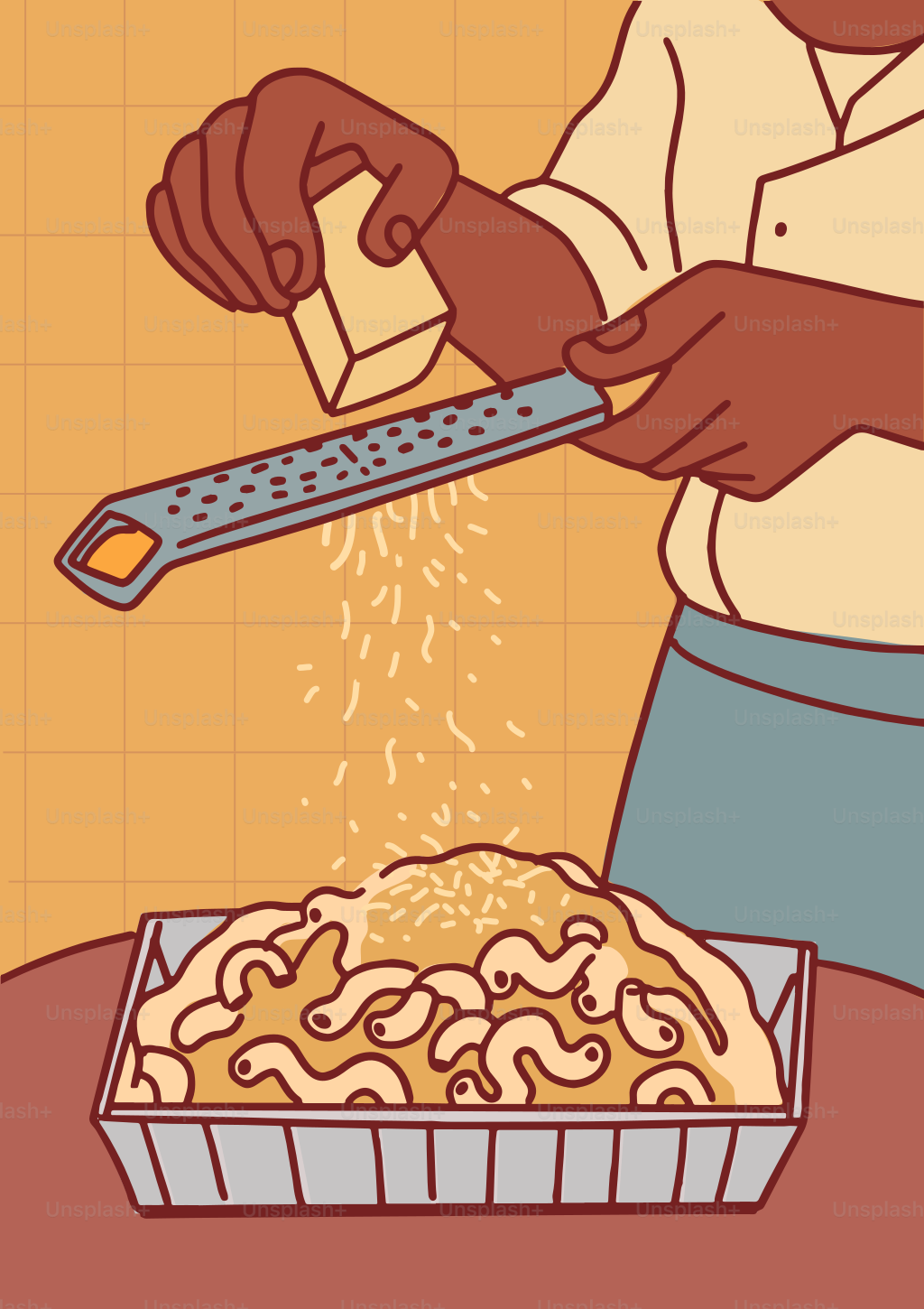 Person grating cheese over macaroni and cheese.