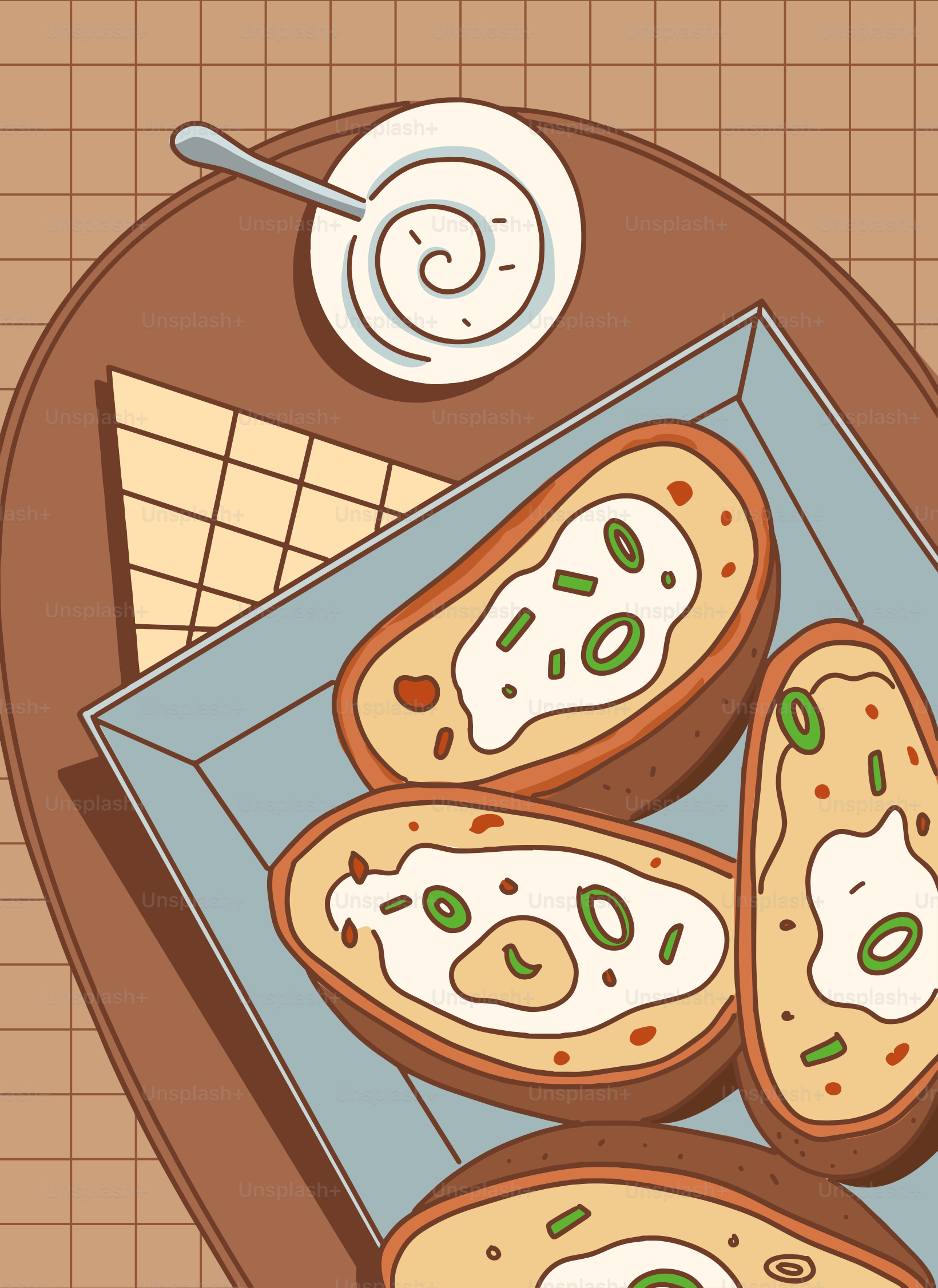 Baked potato halves topped with sour cream and chives.