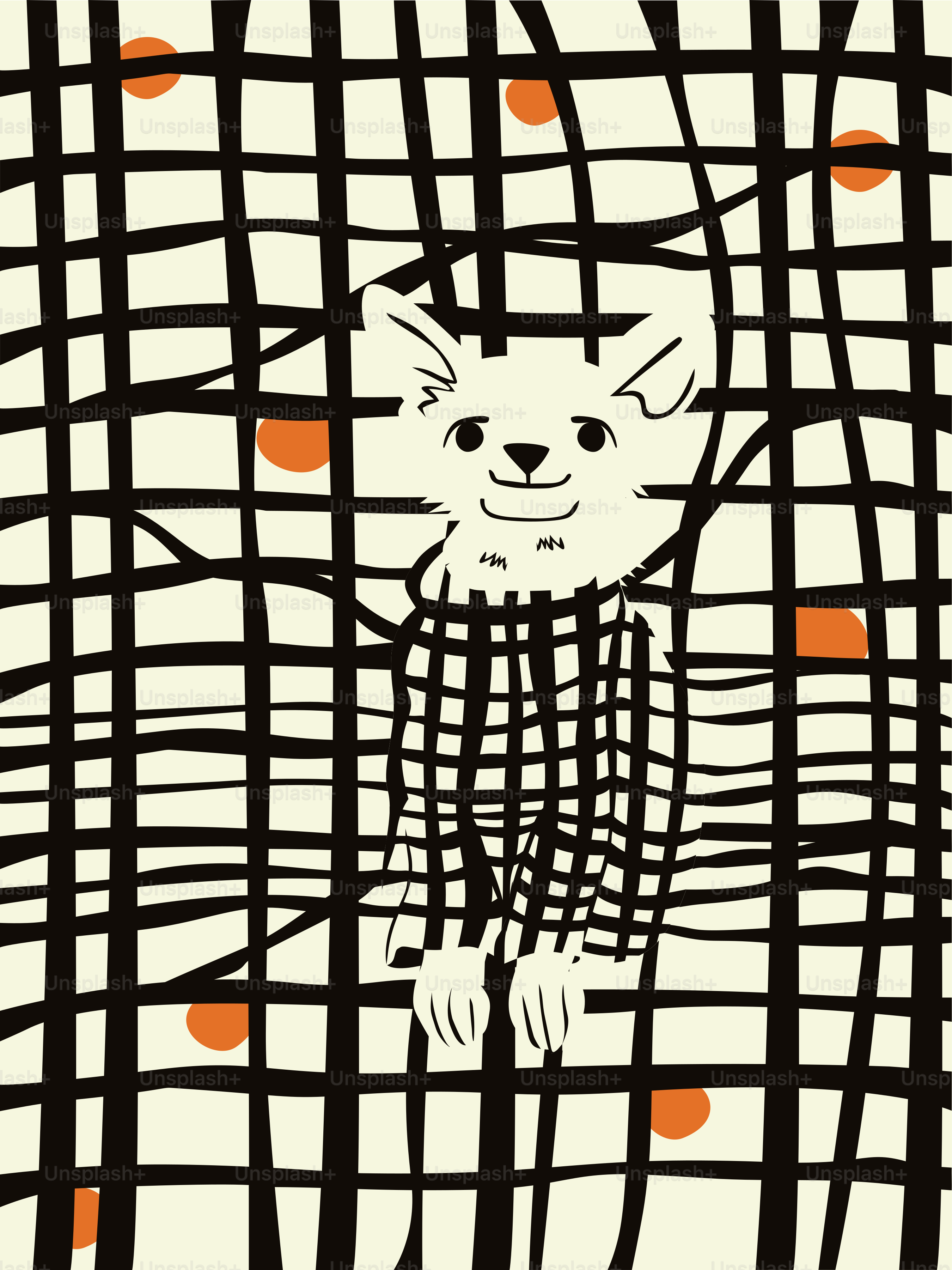 Uma raposa de desenho animado usando um suéter xadrez atrás das grades.