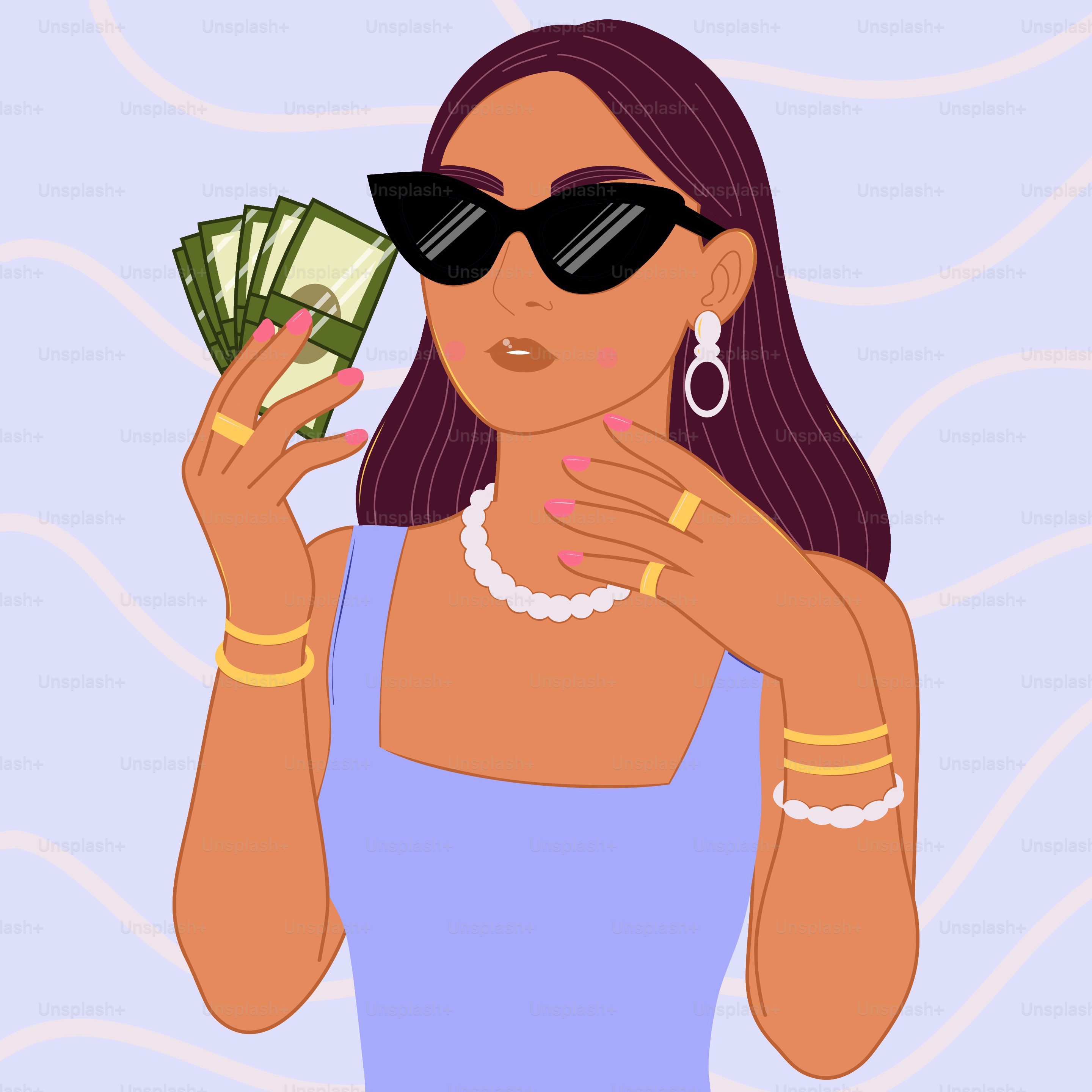 Woman in sunglasses holding cash and showing cash