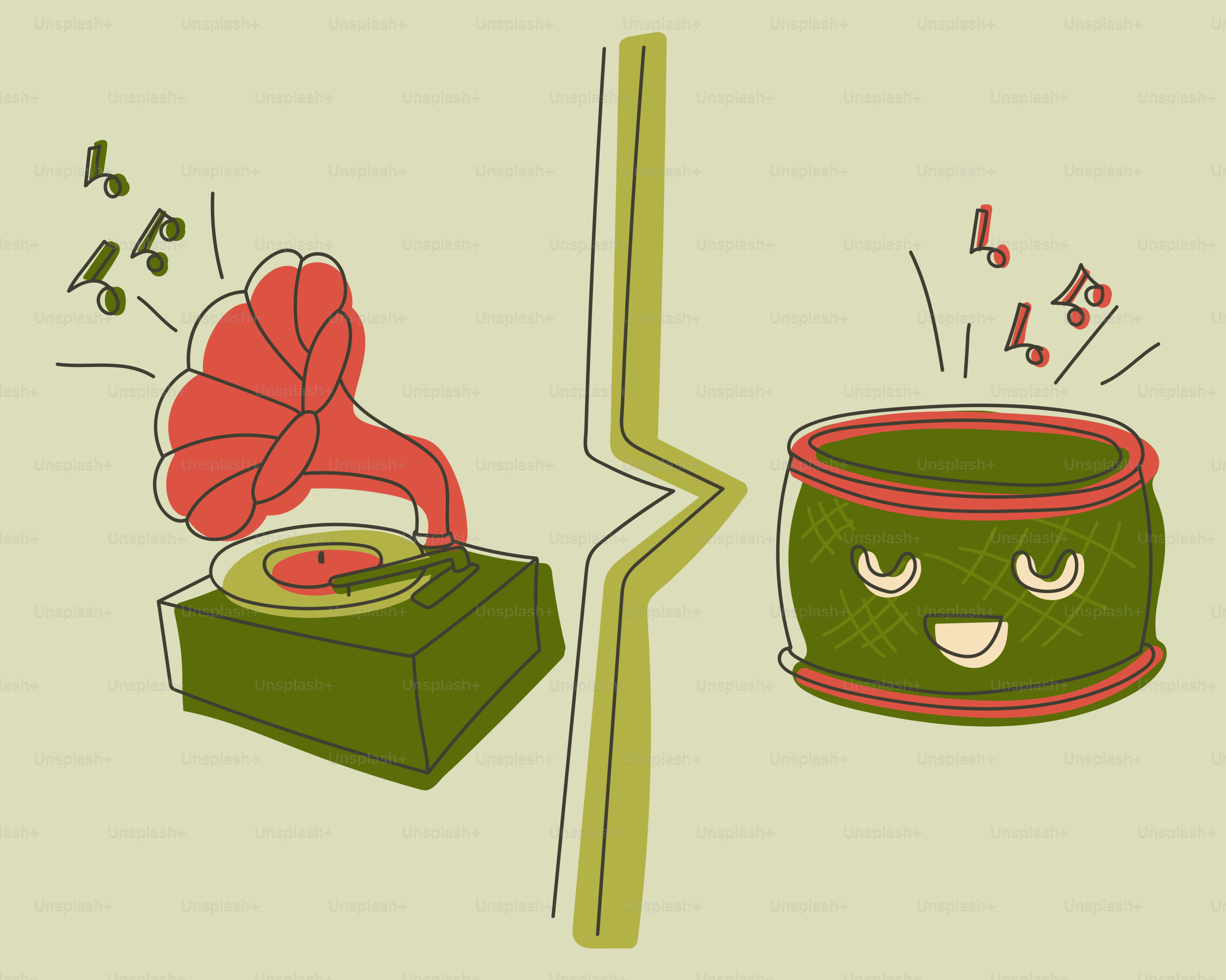 Vintage record player and drum with musical notes