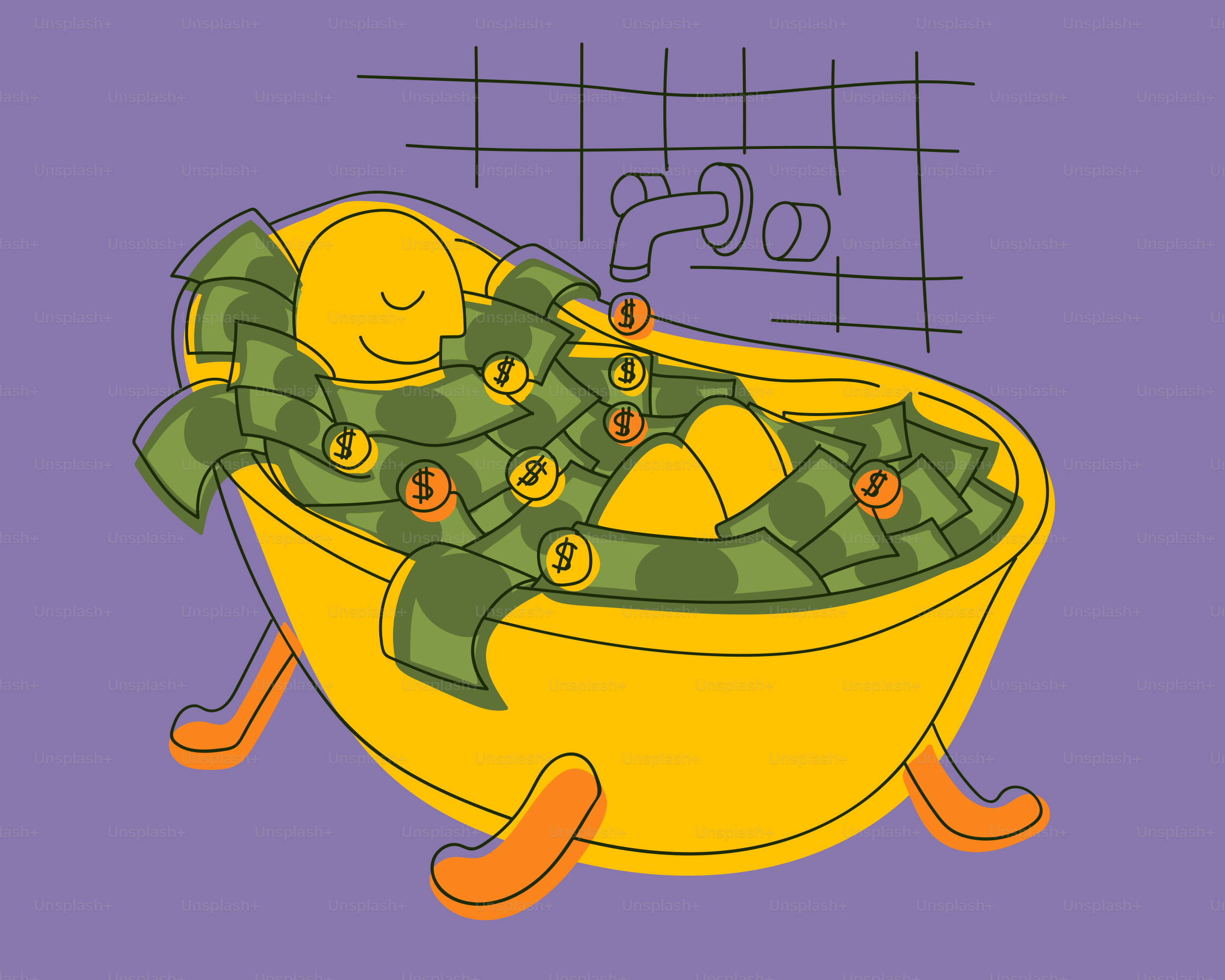 Person relaxing in bathtub filled with money