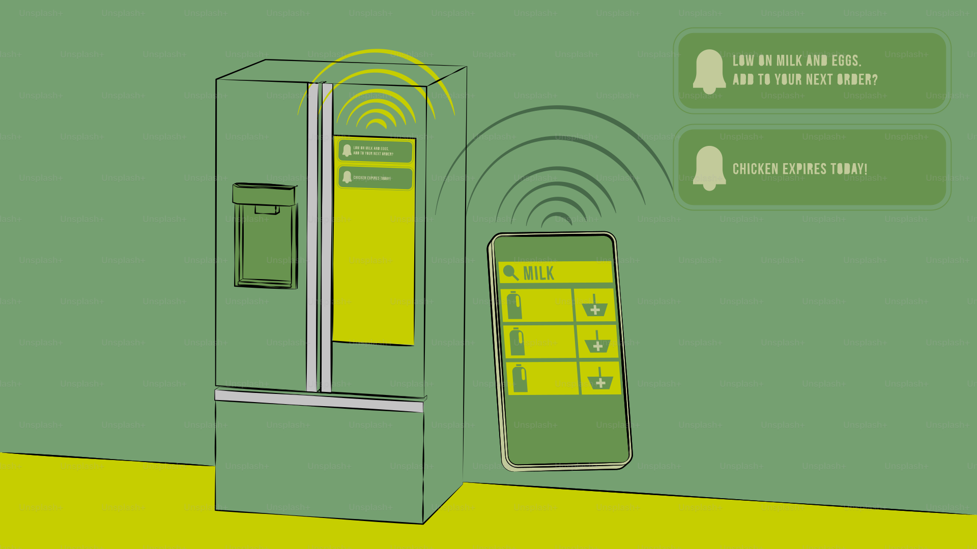 Smart refrigerator connected to a mobile phone.