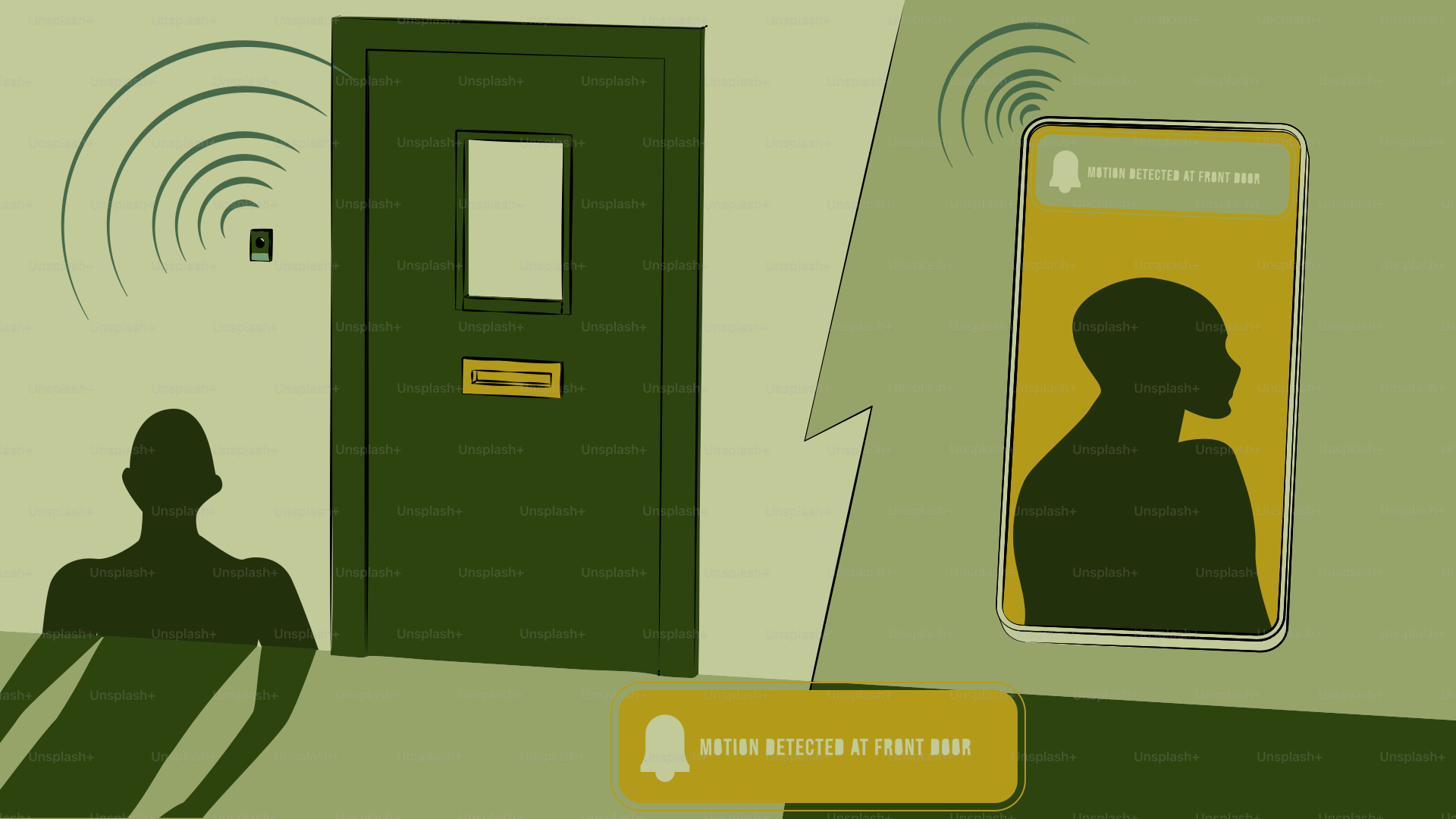 Silhouette of person entering door with phone notification