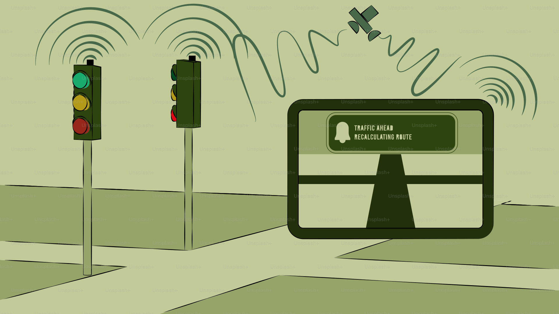 Traffic signals and digital sign with airplane overhead
