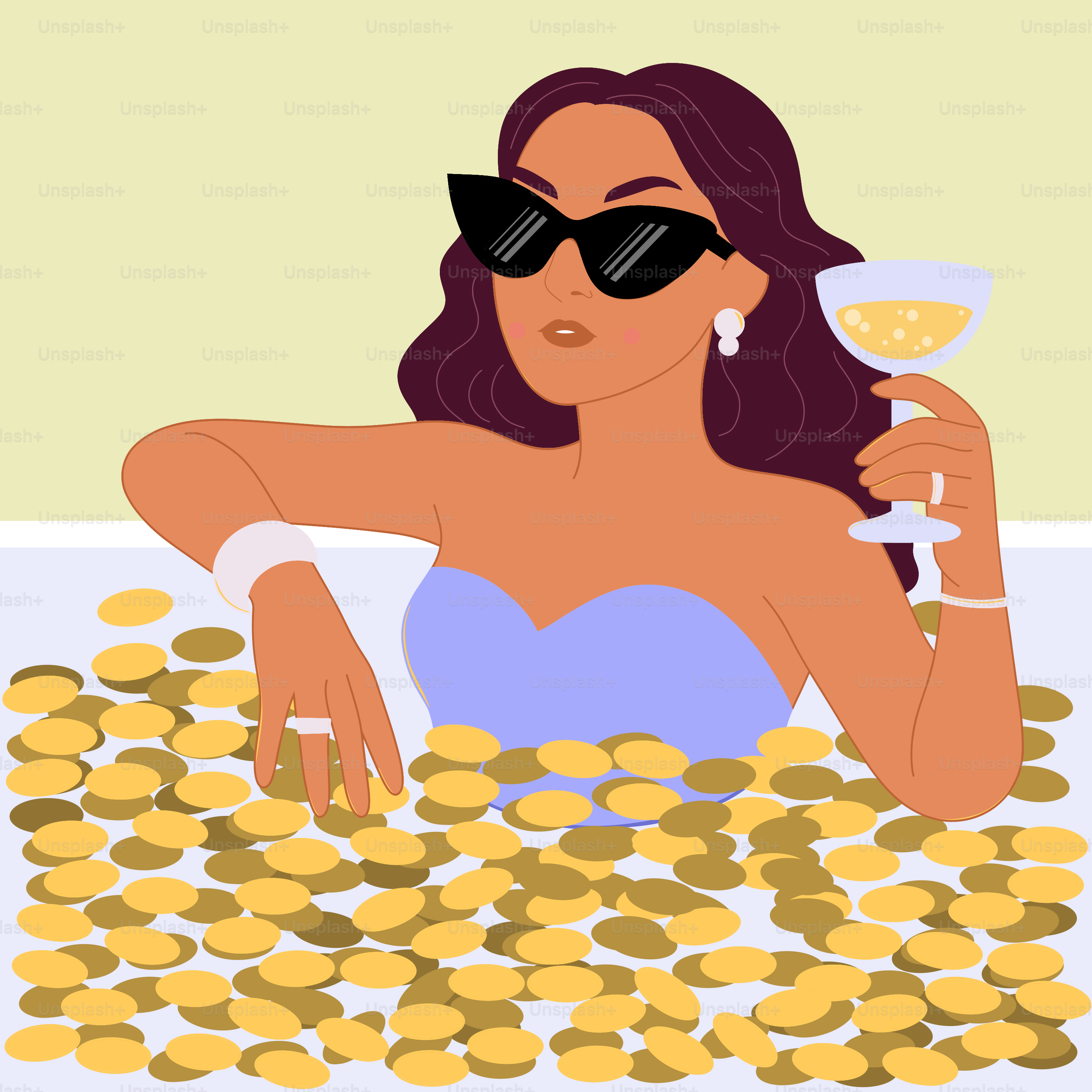 Woman in sunglasses relaxing in pile of gold coins
