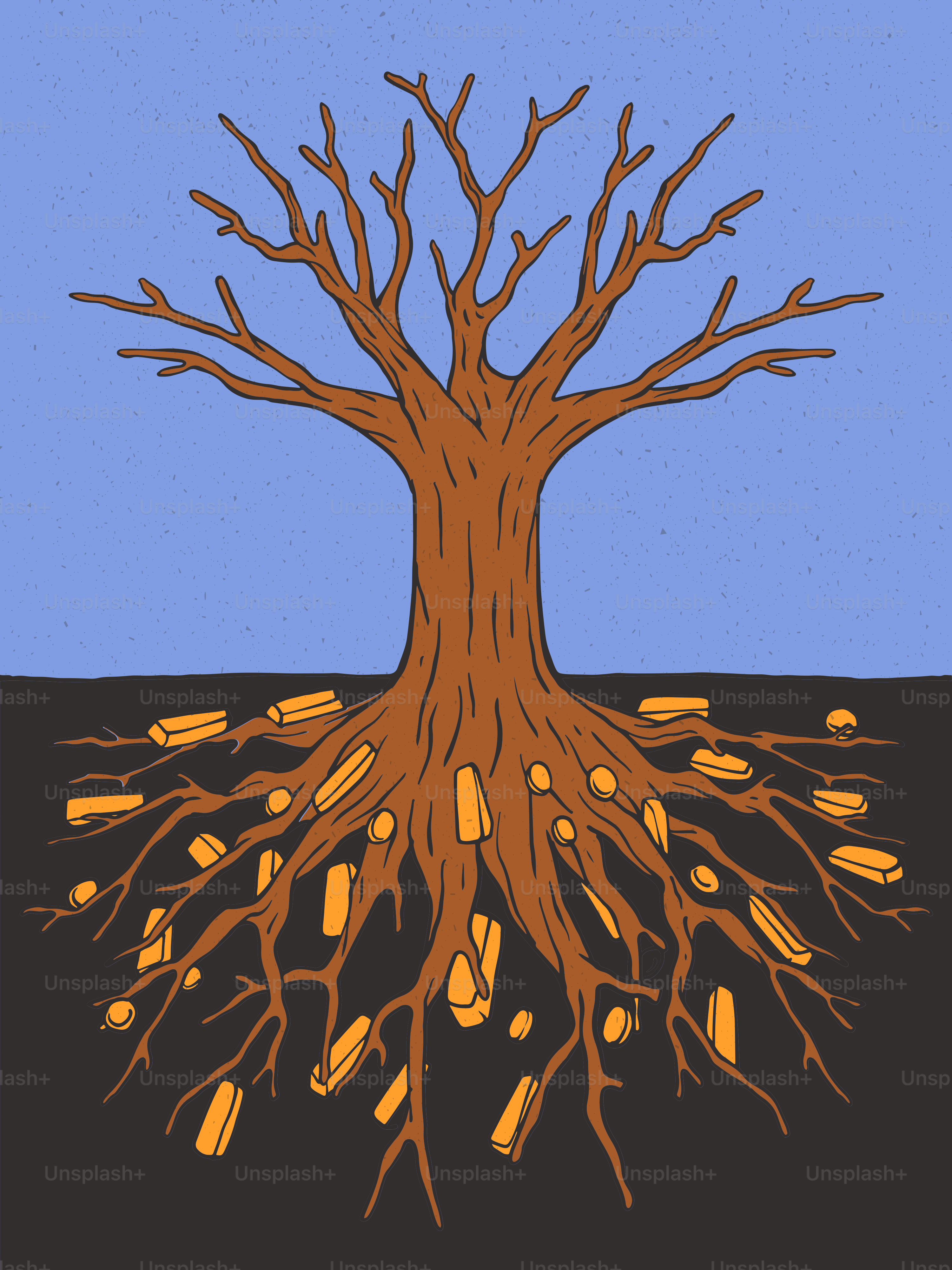 Baumwurzeln mit goldenen Balken im Boden