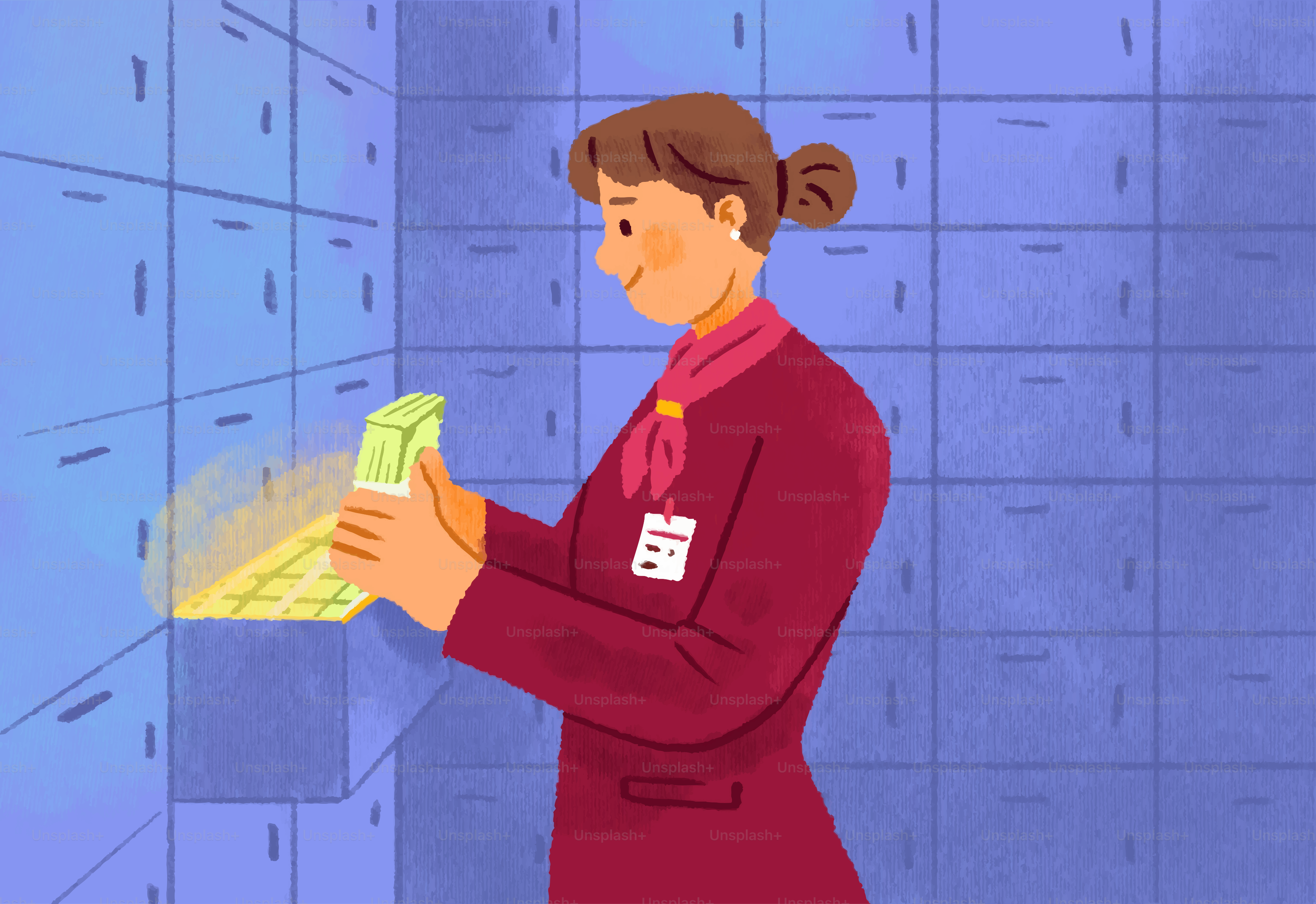 Woman placing money into bank safe deposit box.