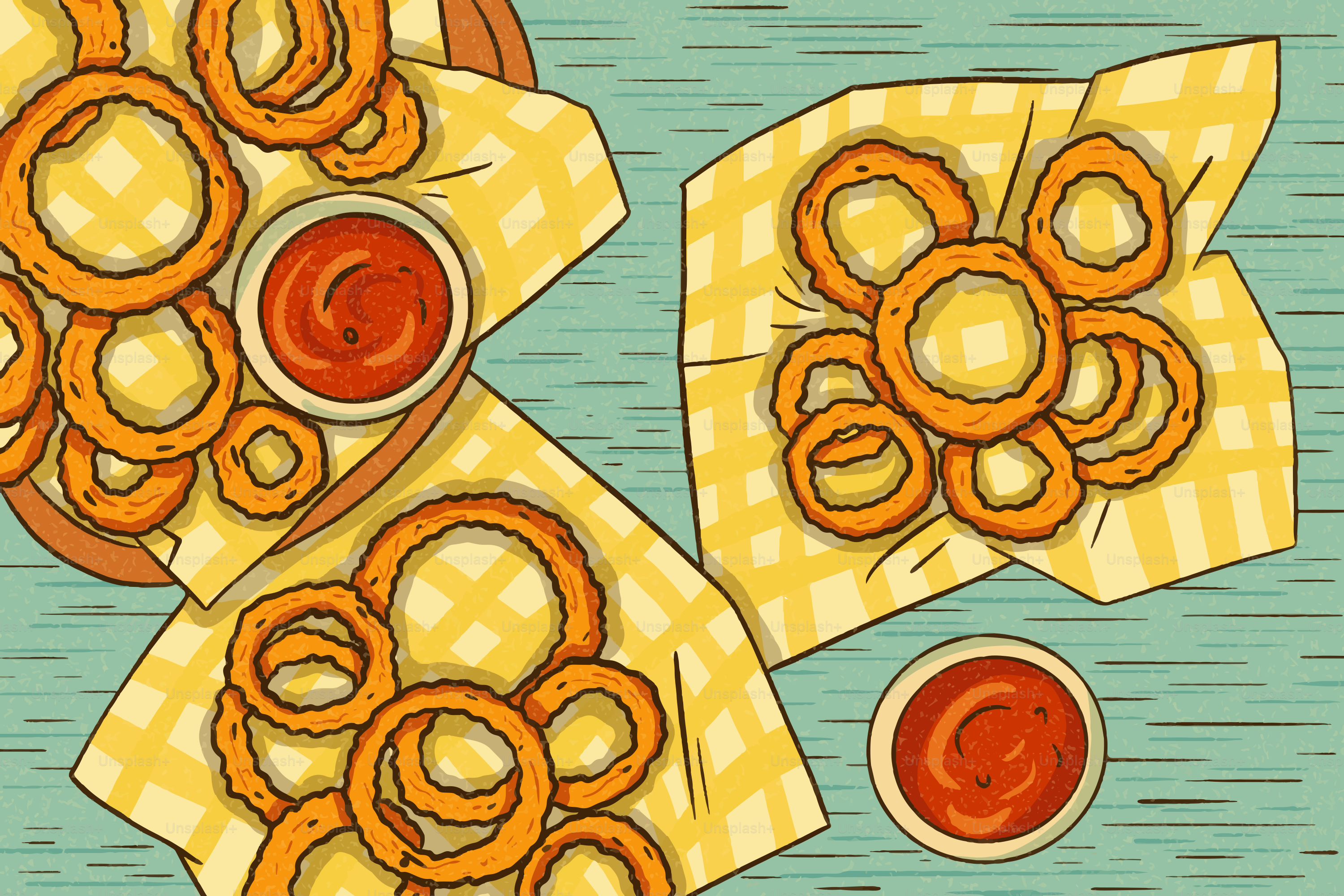 Crispy onion rings served with ketchup on checkered napkins