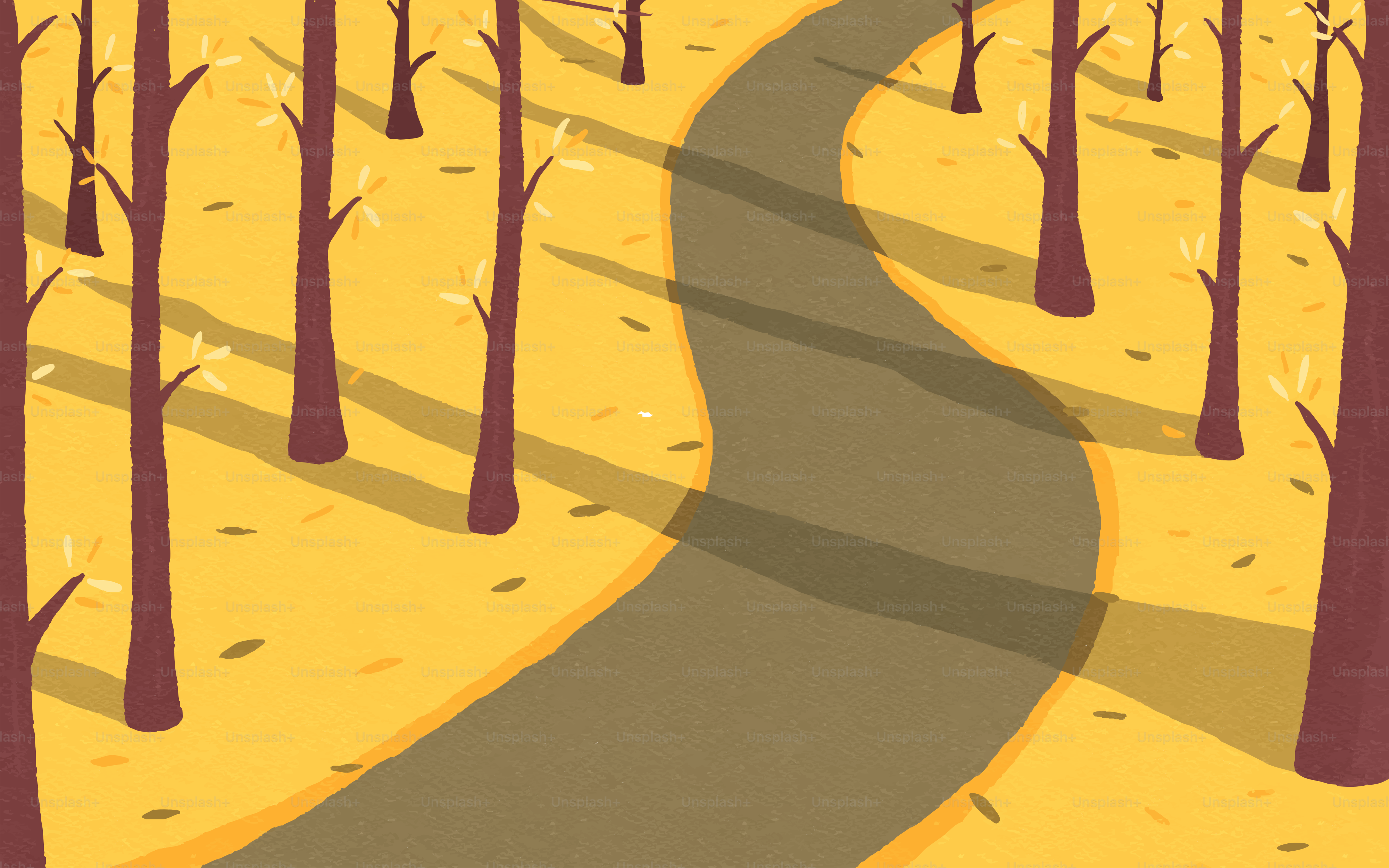 Ein gewundener Weg durch herbstliche Bäume mit gefallenen Blättern.