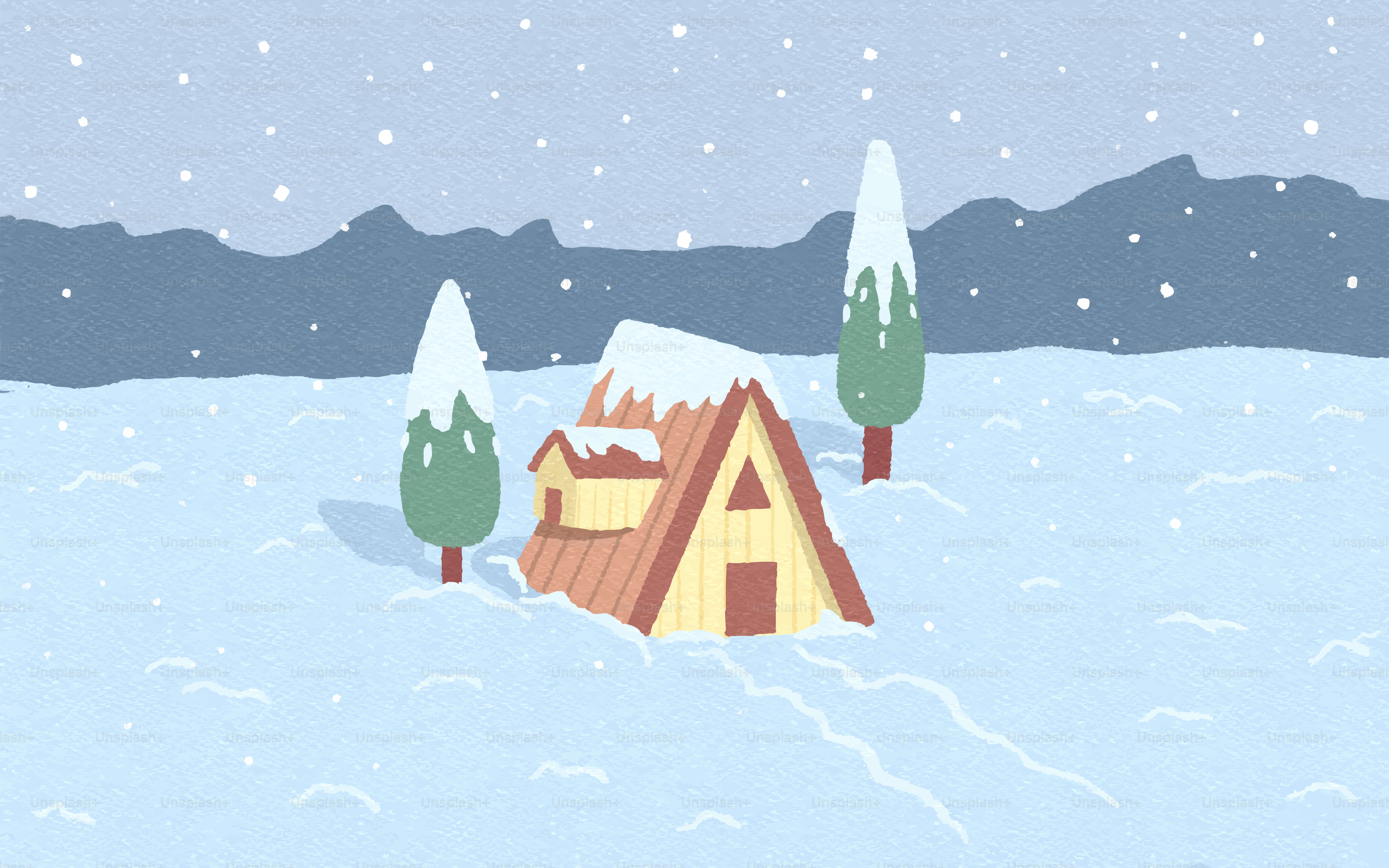 Cabaña en forma de A rodeada de nieve y árboles