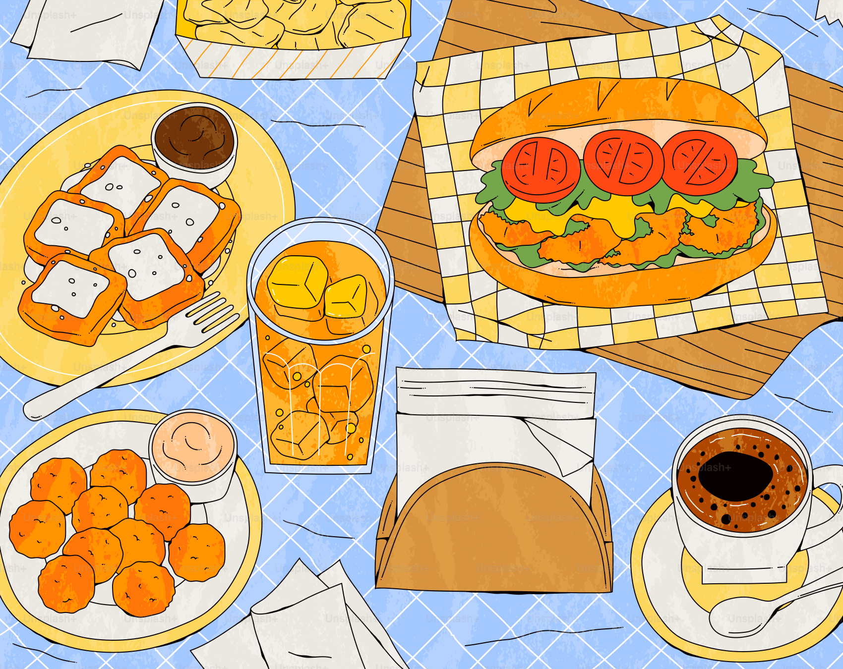 Variedade de comidas e bebidas em uma toalha xadrez.