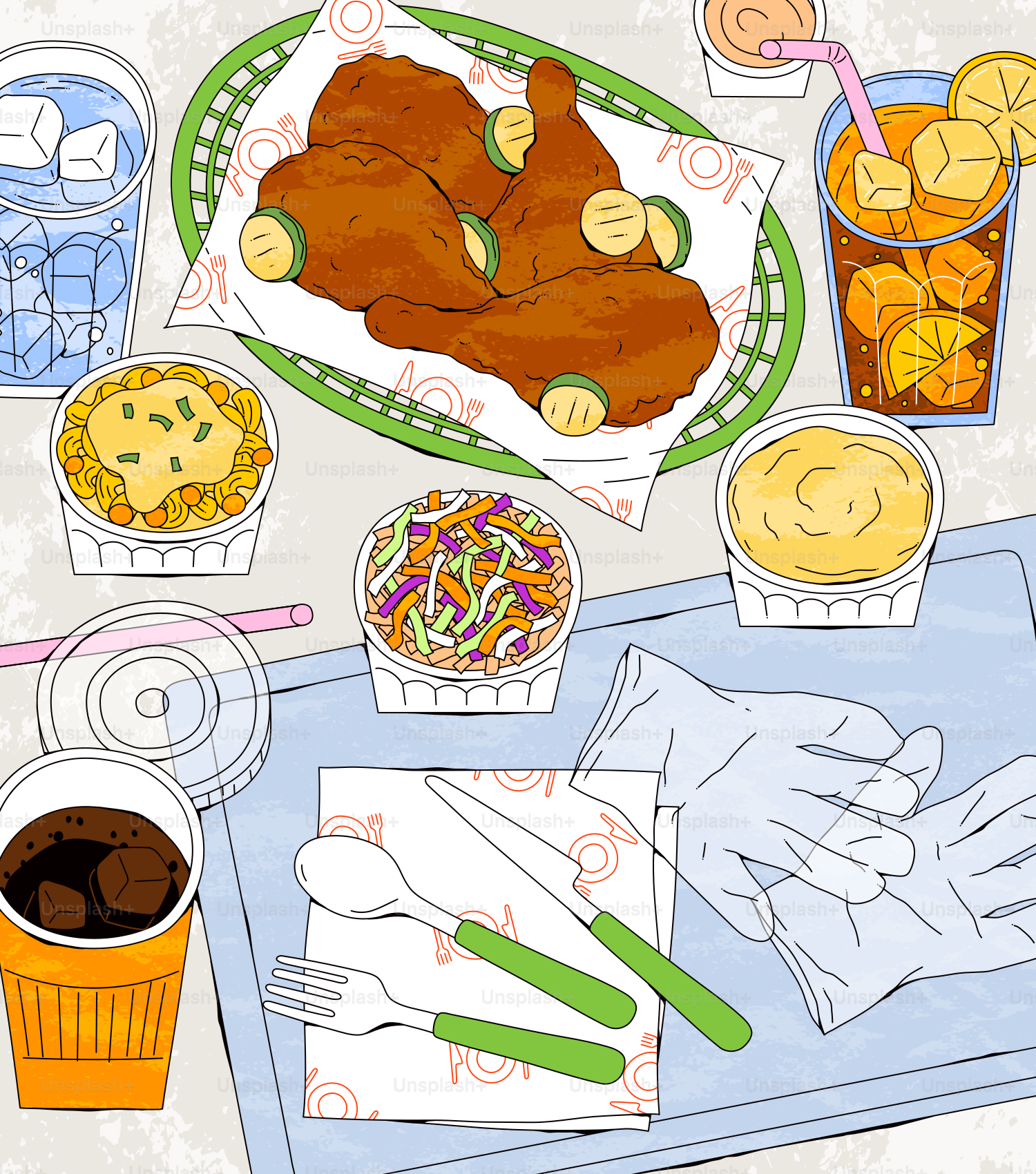 Farinha de frango frito com acompanhamentos e bebidas