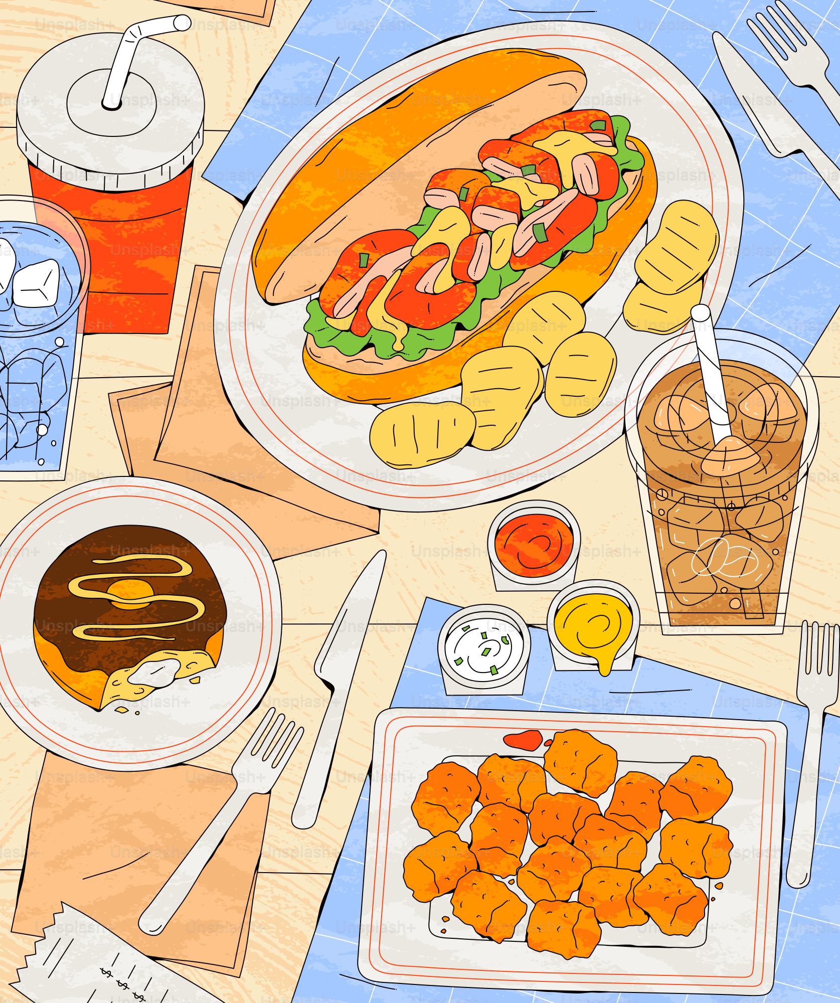 Ein Tisch gedeckt mit einem Sandwich, gebratenem Hähnchen und Nachtisch.