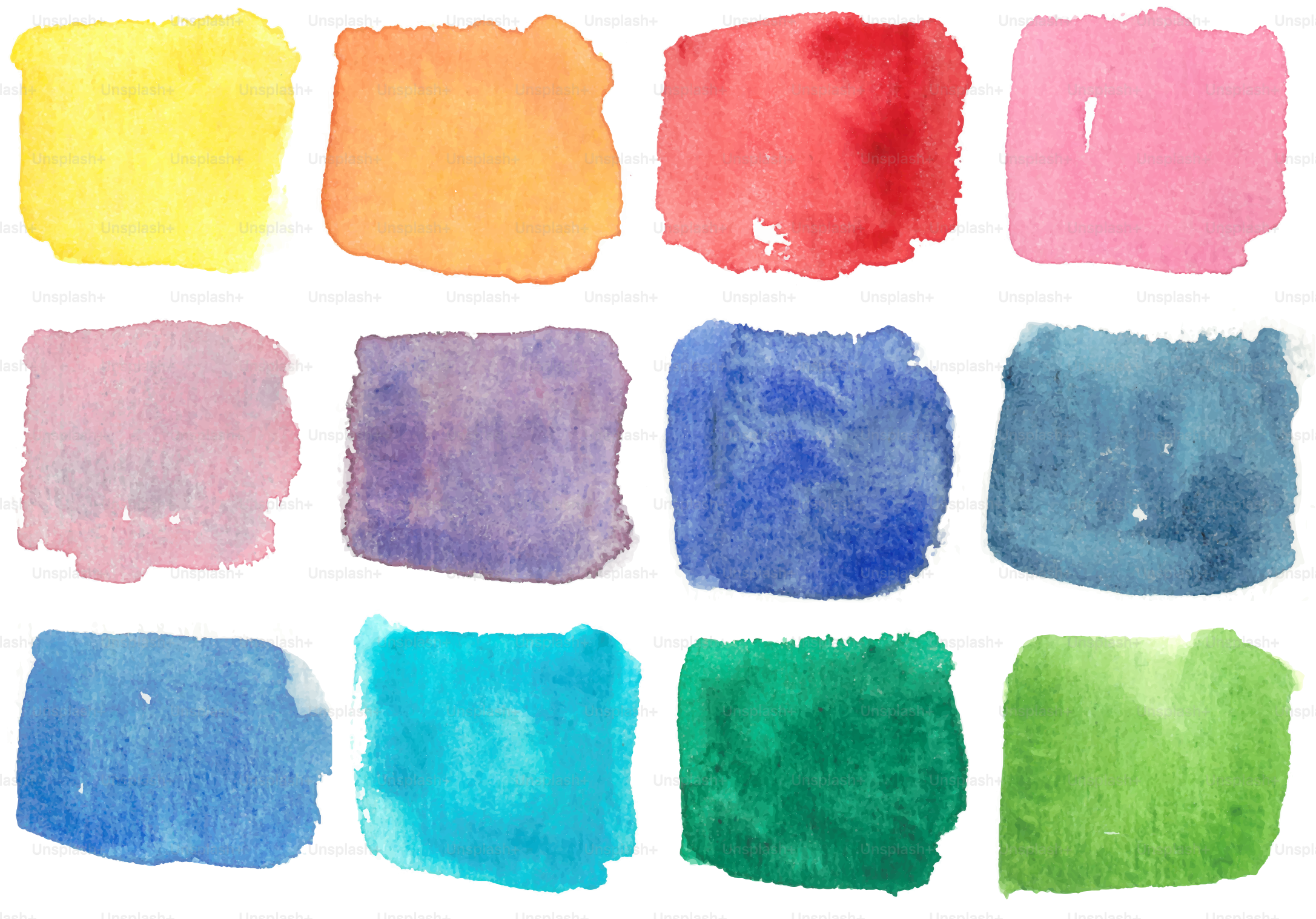 Twelve colorful watercolor swatches on white background