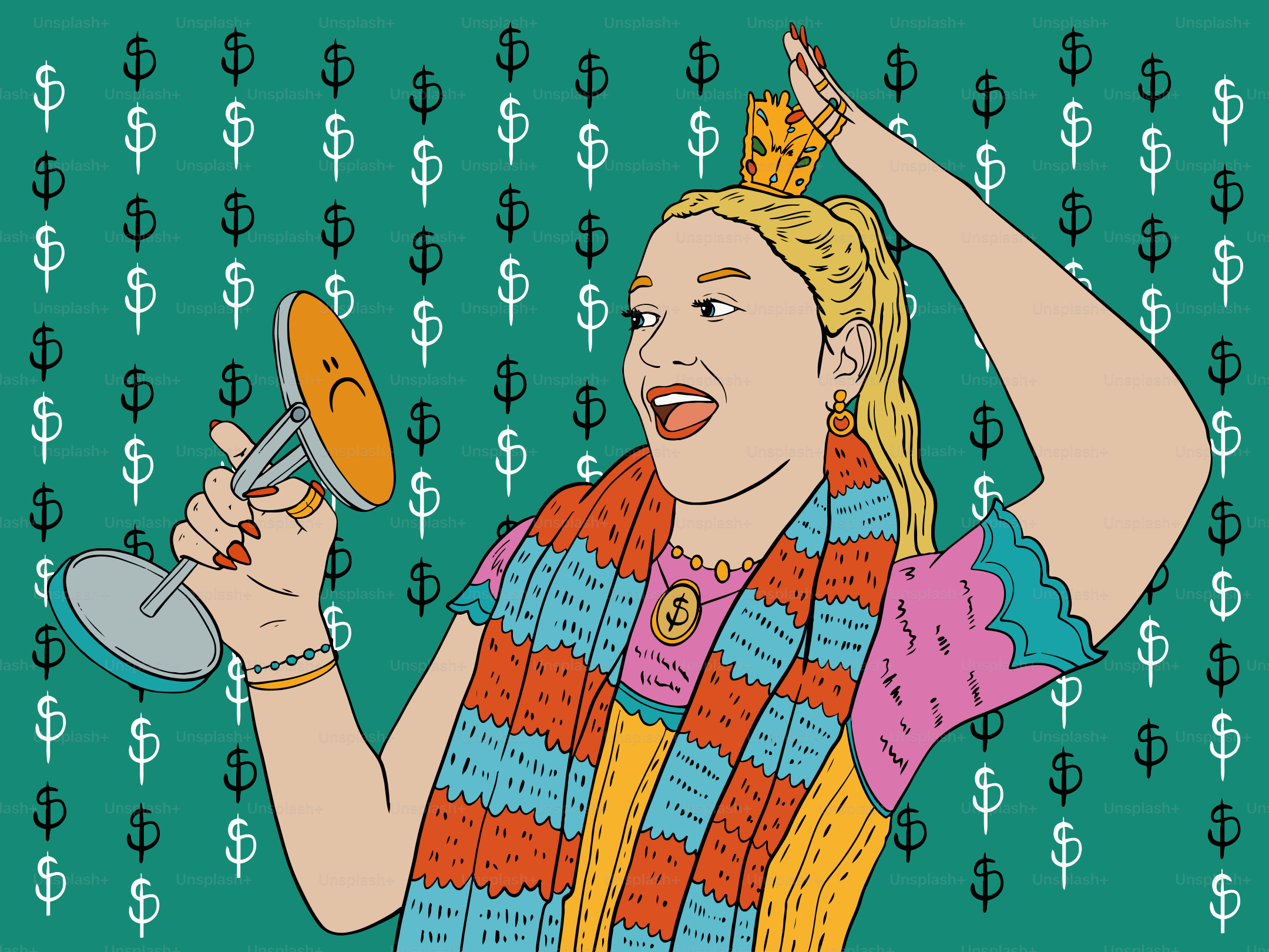 Woman with crown and scarf holds mirror