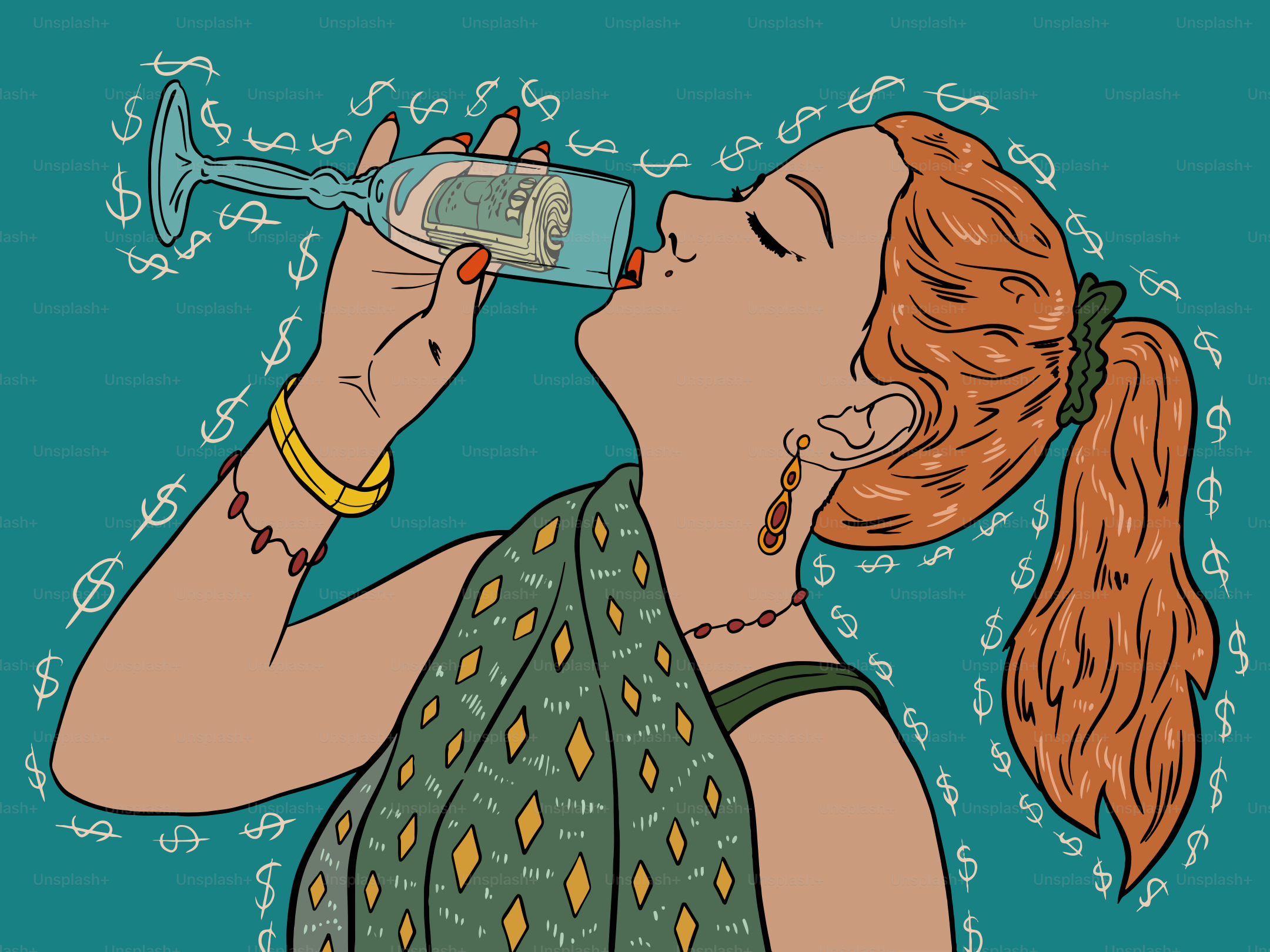 Woman drinking from glass with money inside