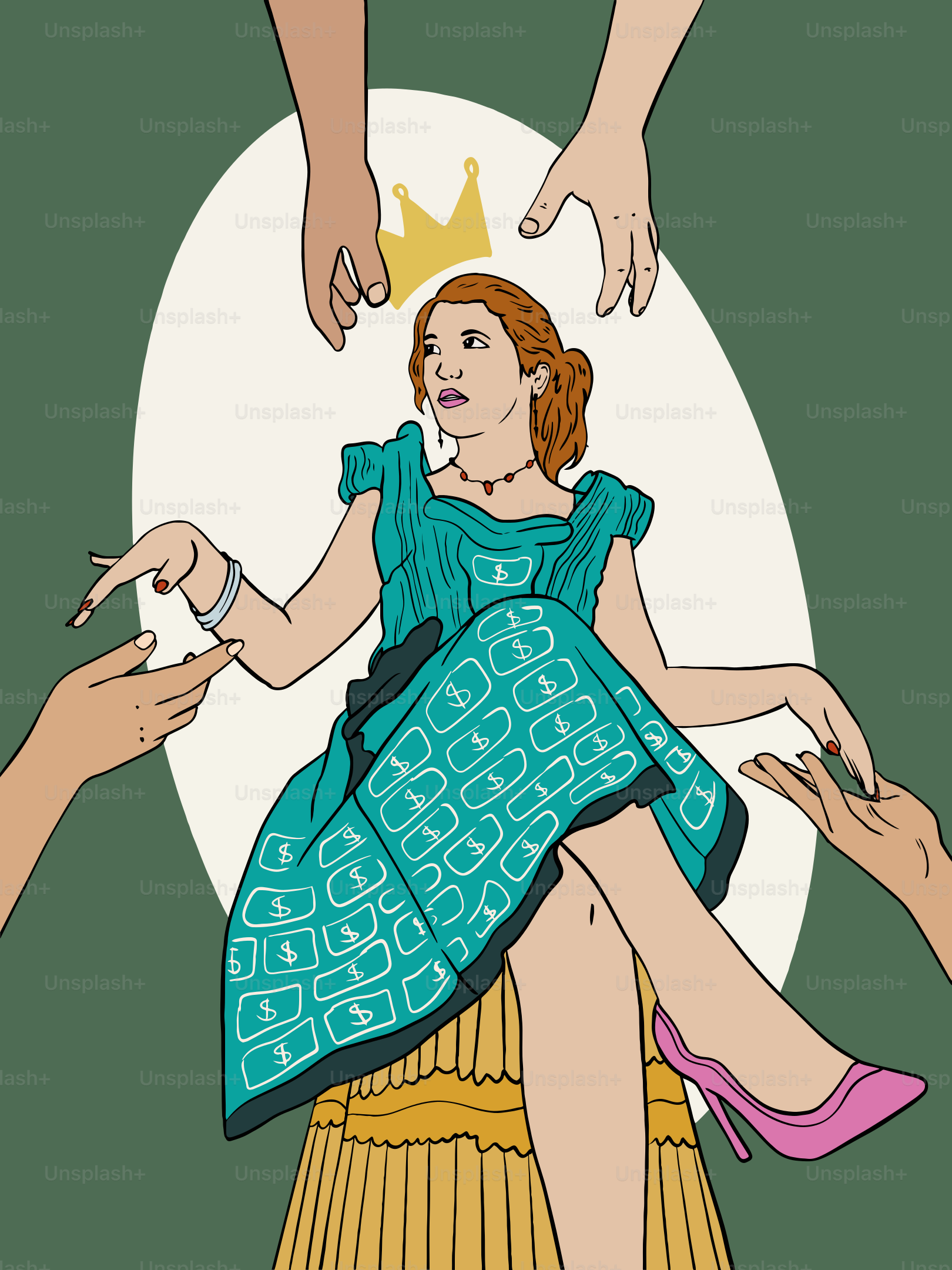 Woman wearing crown surrounded by reaching hands