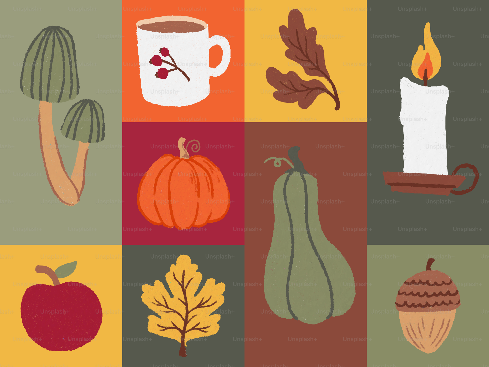 Illustrations automnales : champignons, café, feuilles, bougies, citrouilles, courges, pommes, glands