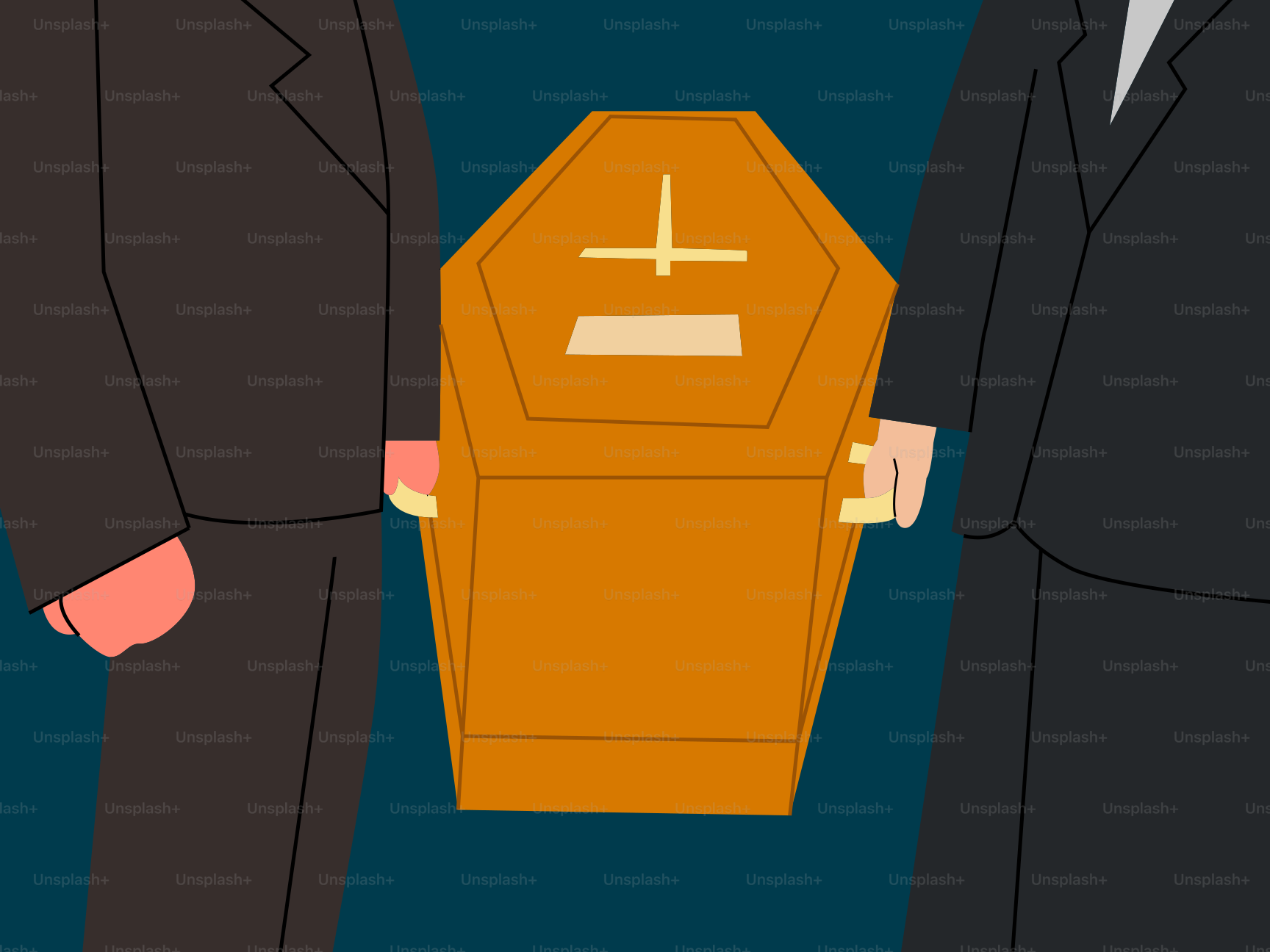 Two people carry a coffin with a cross symbol.