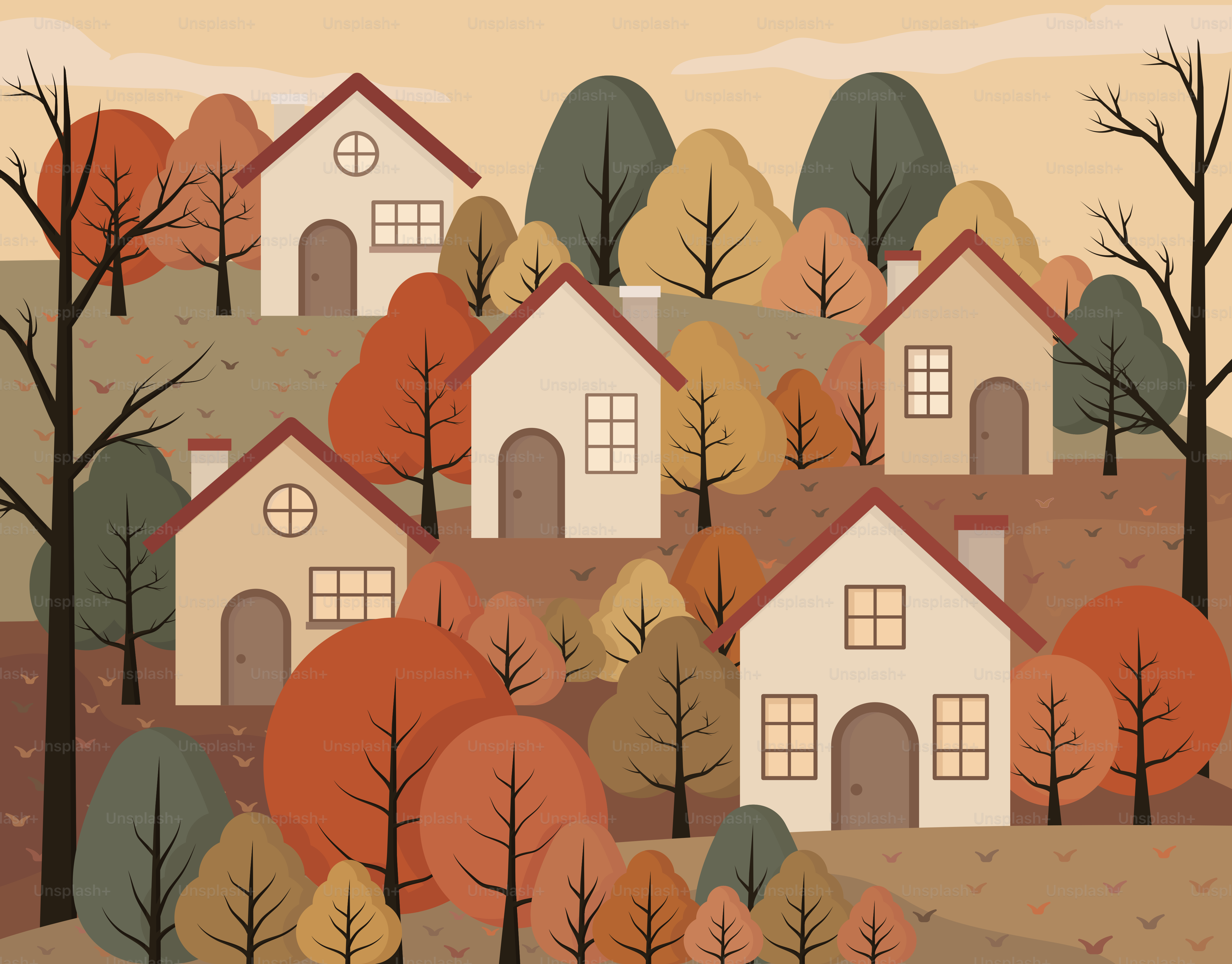 Autumn village scene with houses and trees vector – Wallpaper Image on ...
