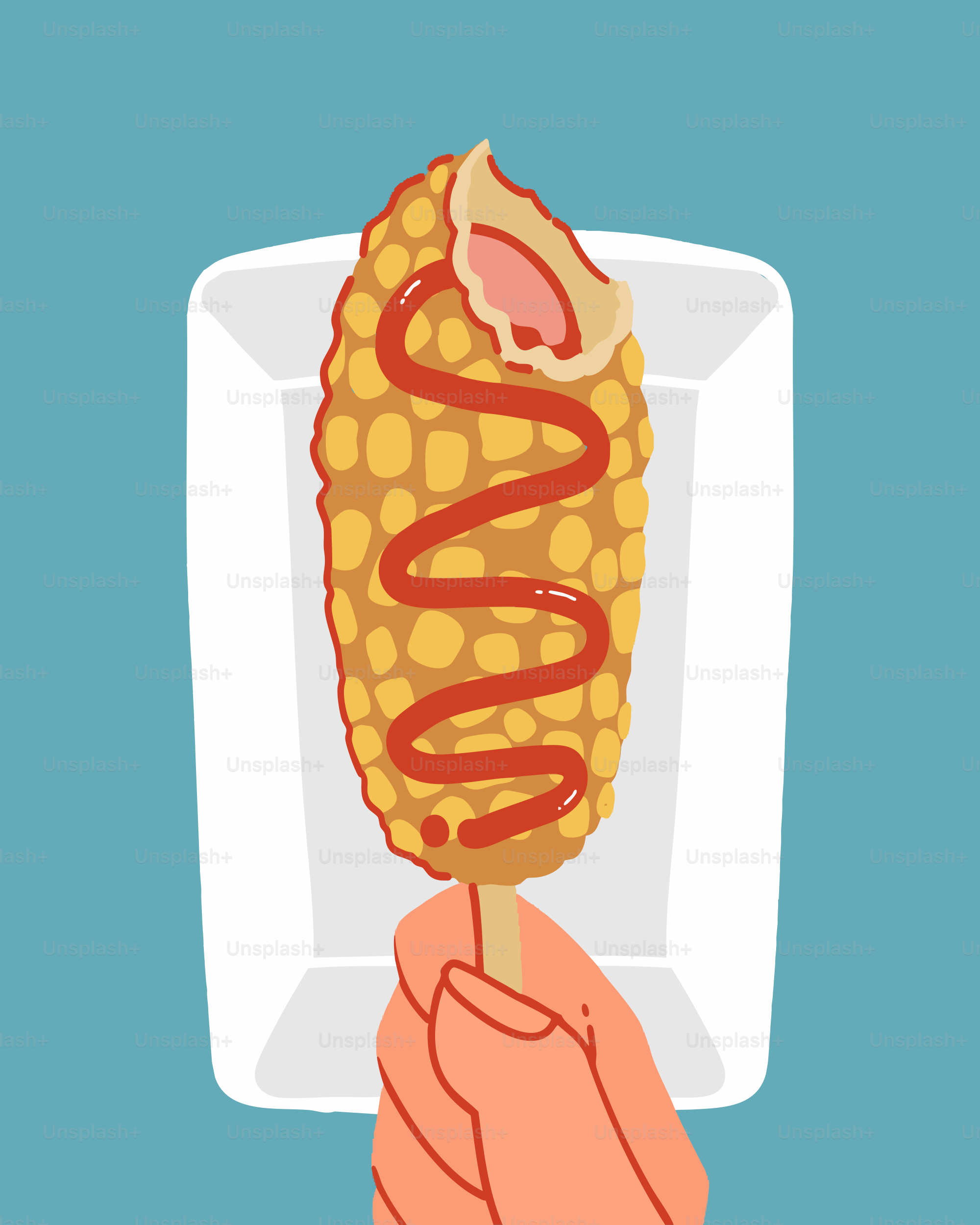 Hand holding corn dog with ketchup on white plate.