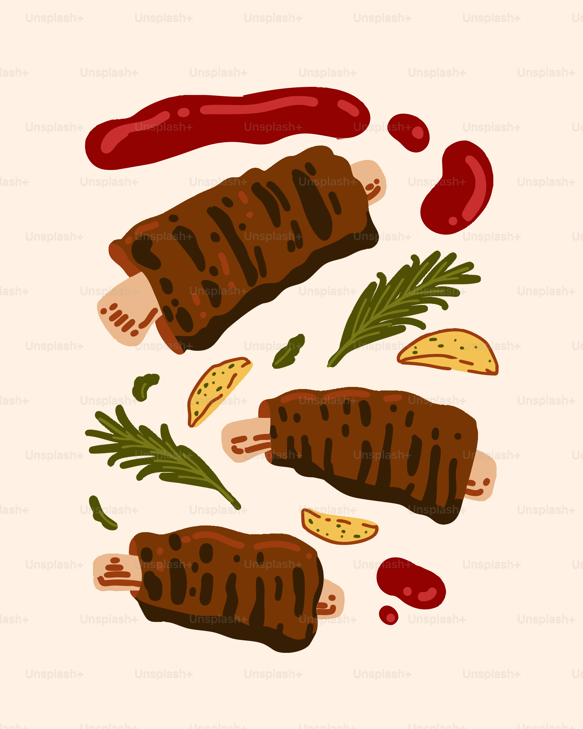 Three barbecue ribs with rosemary and sauce