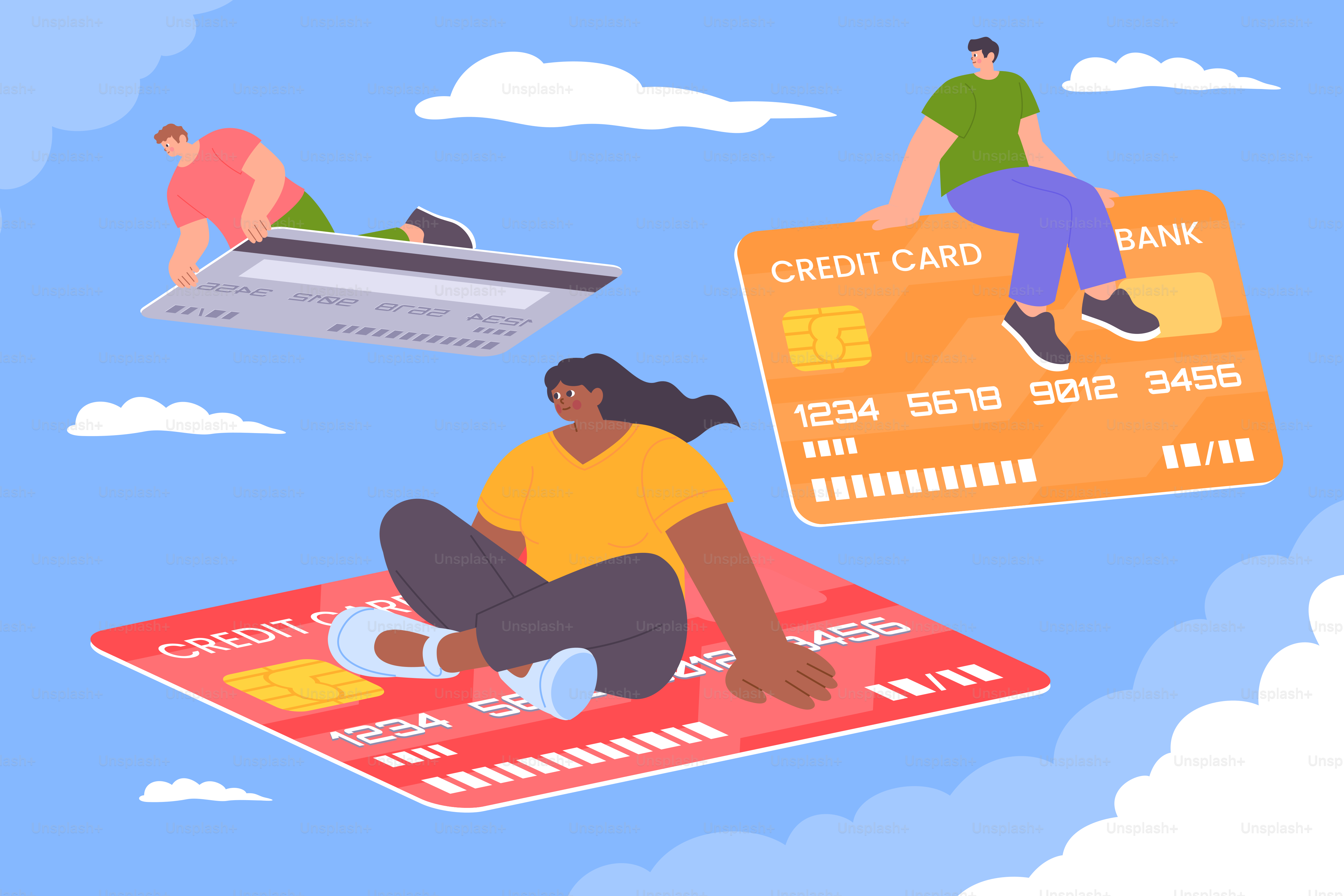 Persone che viaggiano con carte di credito nel cielo