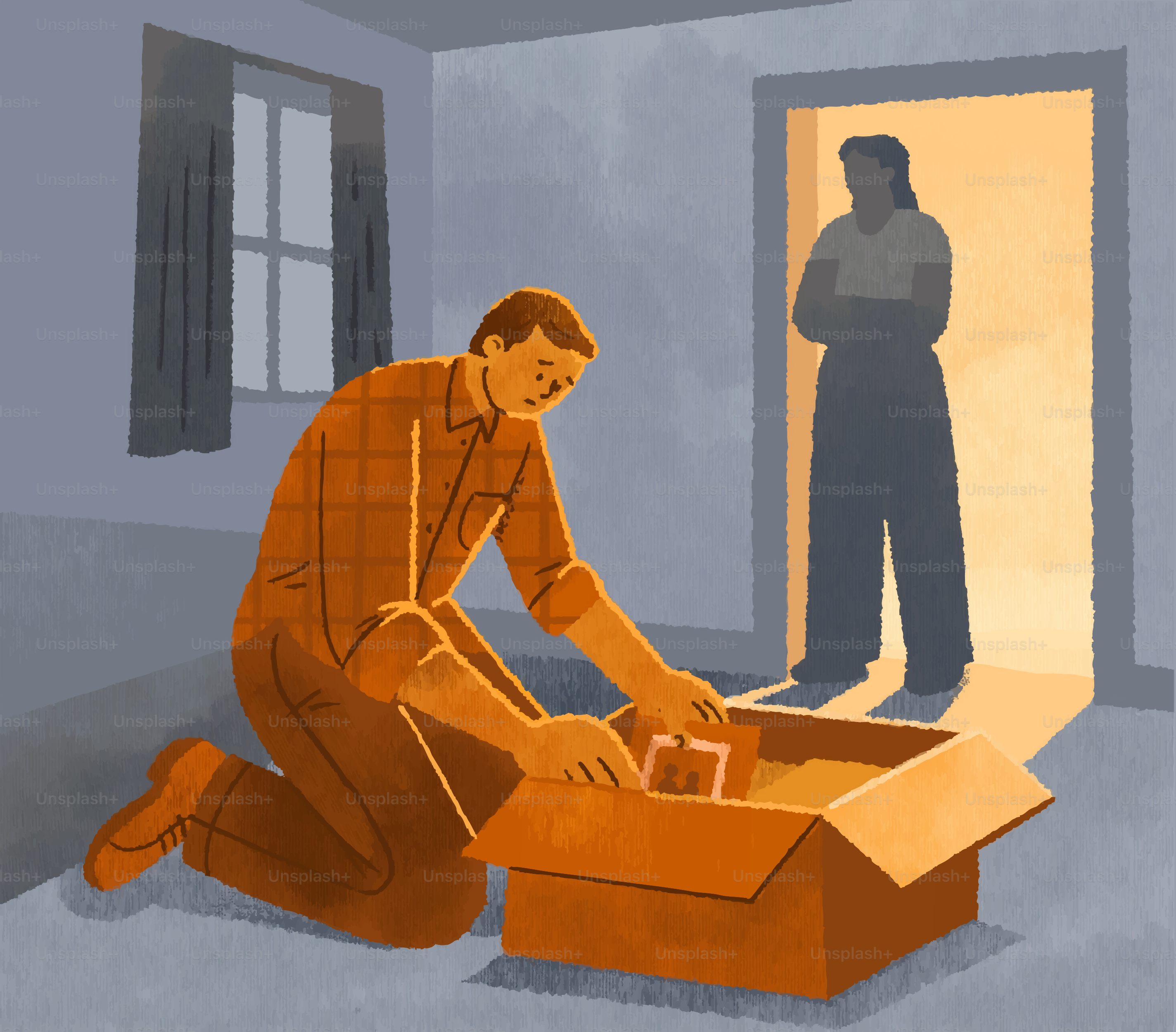 Man packing box while woman watches from doorway.