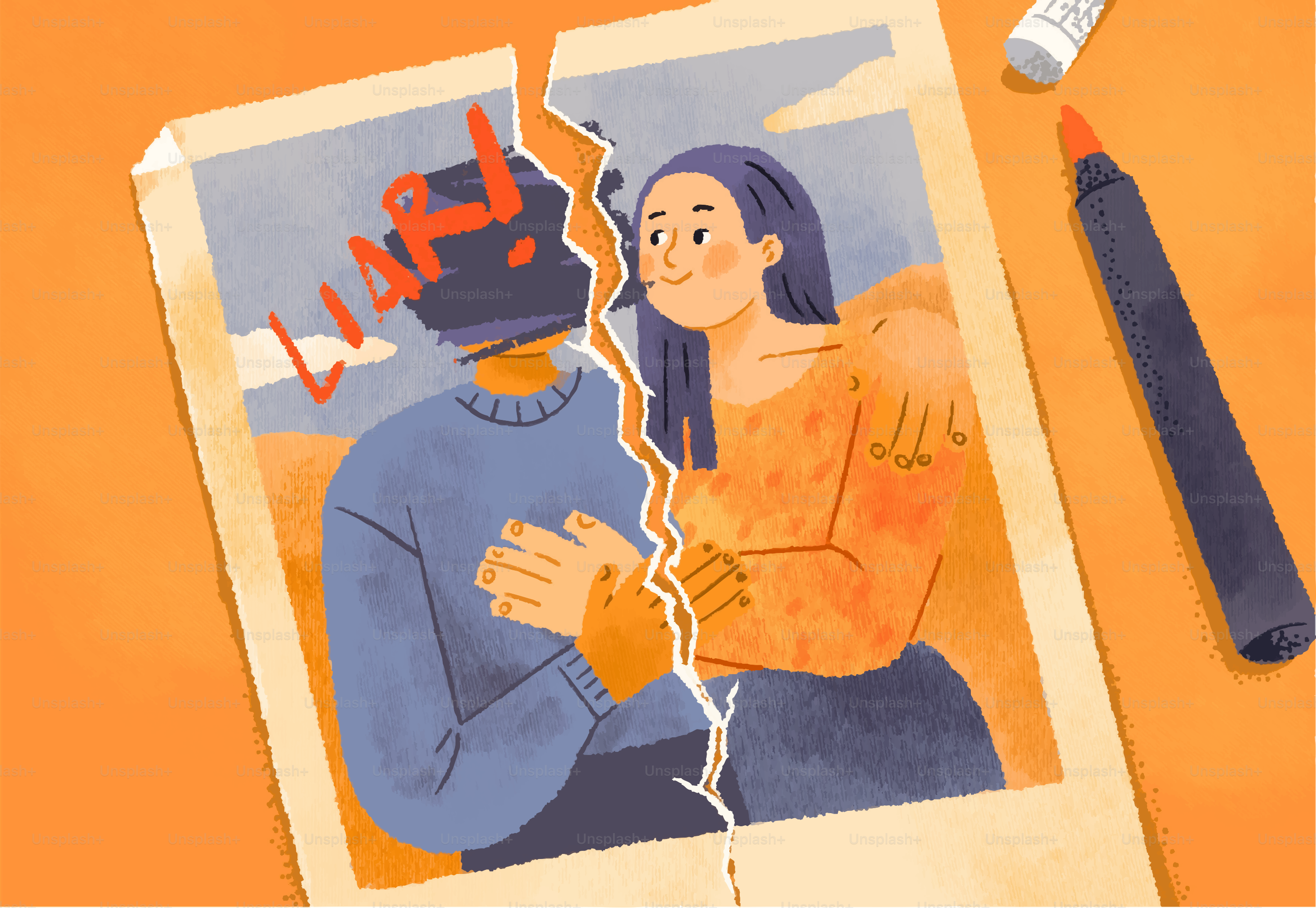 Torn photograph of a couple with "liar" written on it.