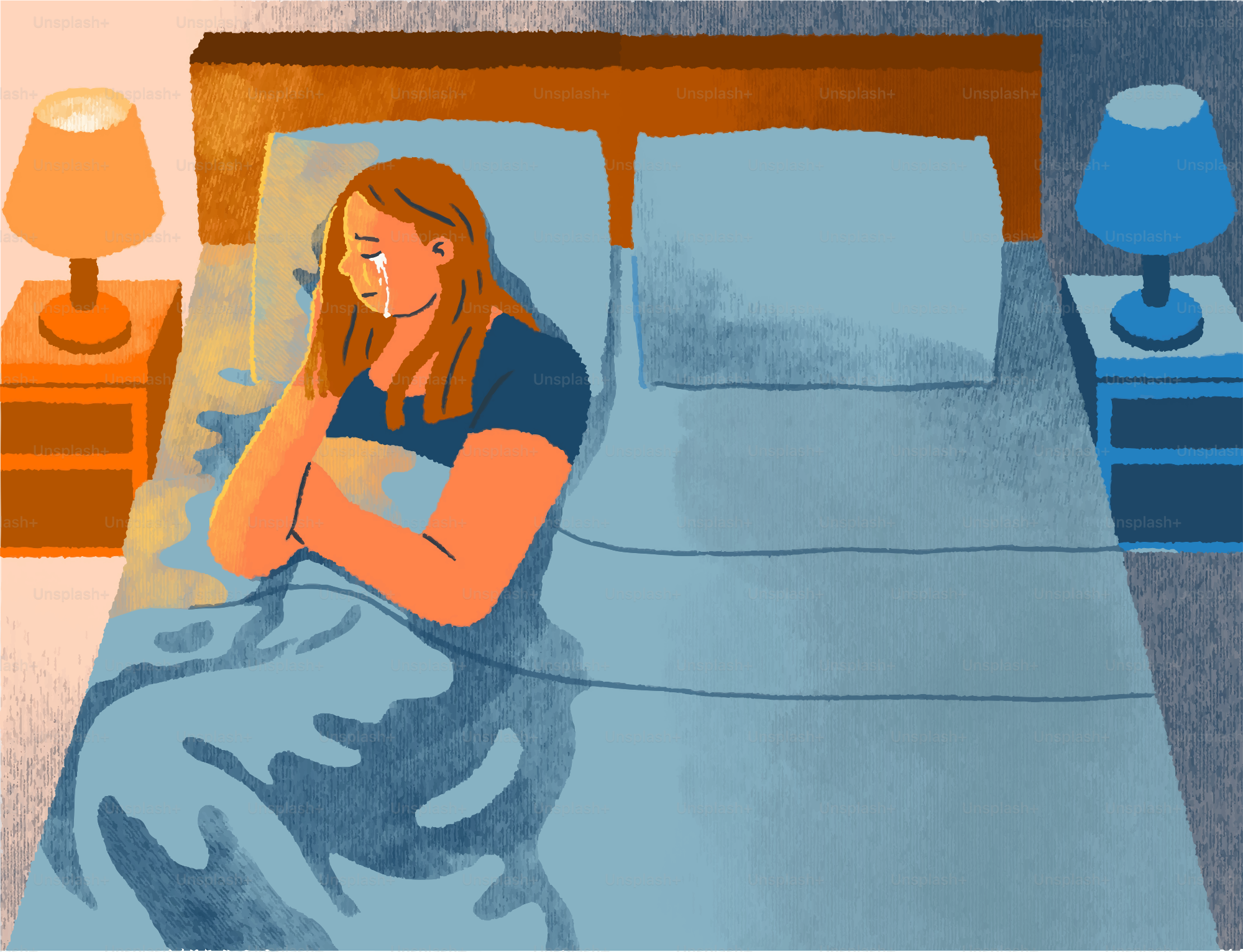 Mulher chorando na cama à noite