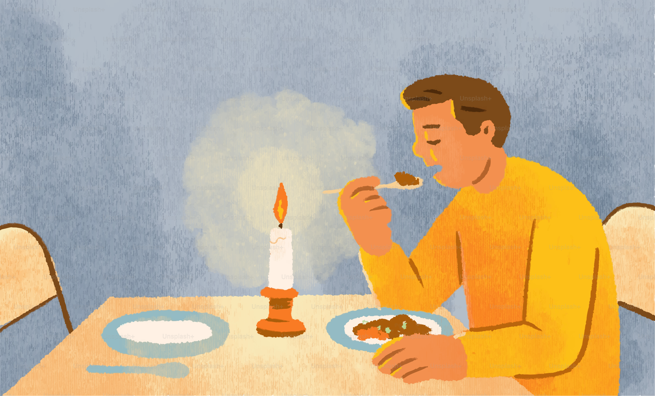 食事と一緒にろうそくの灯りで食事をする男。