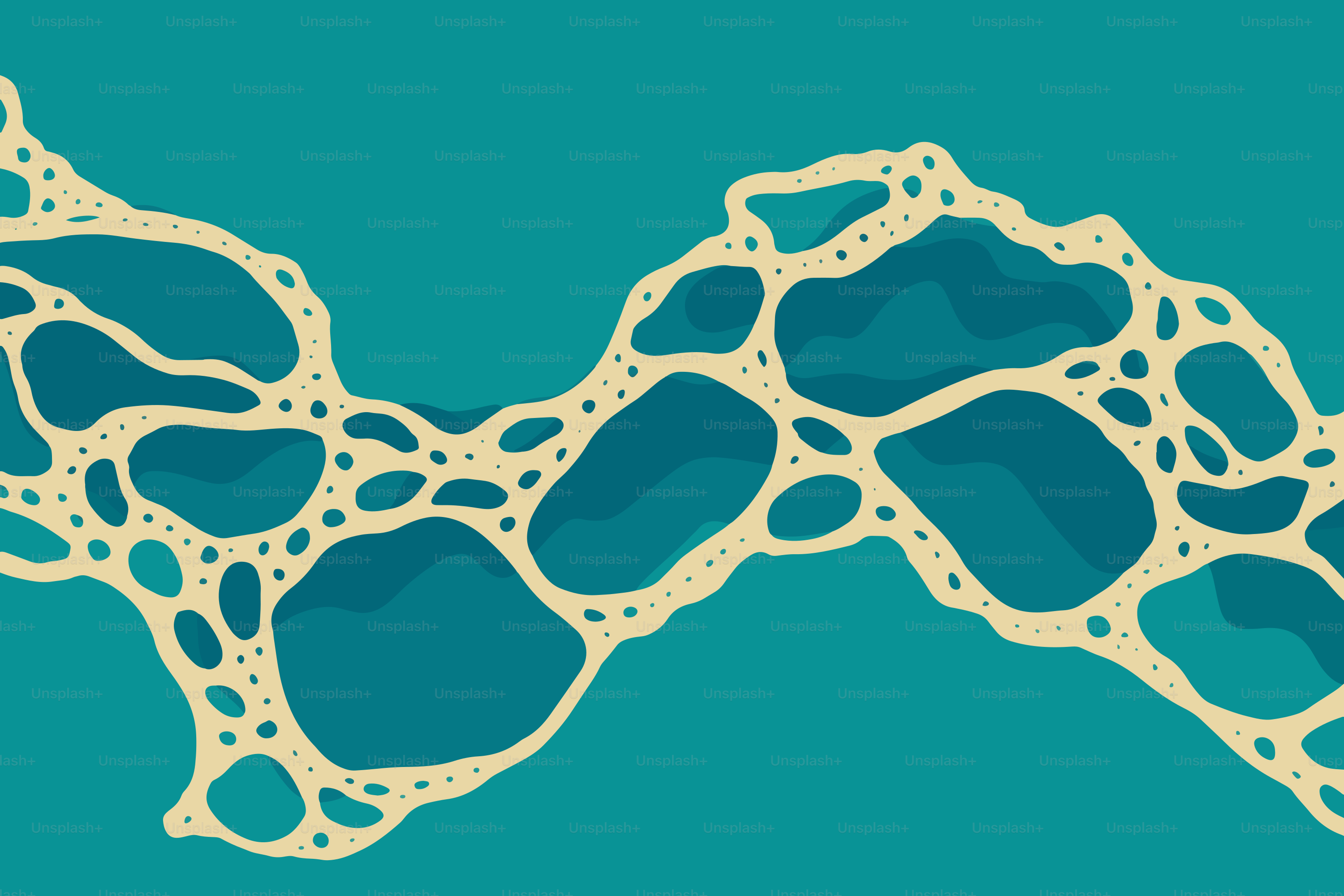 Abstract pattern of interconnected shapes on teal background.
