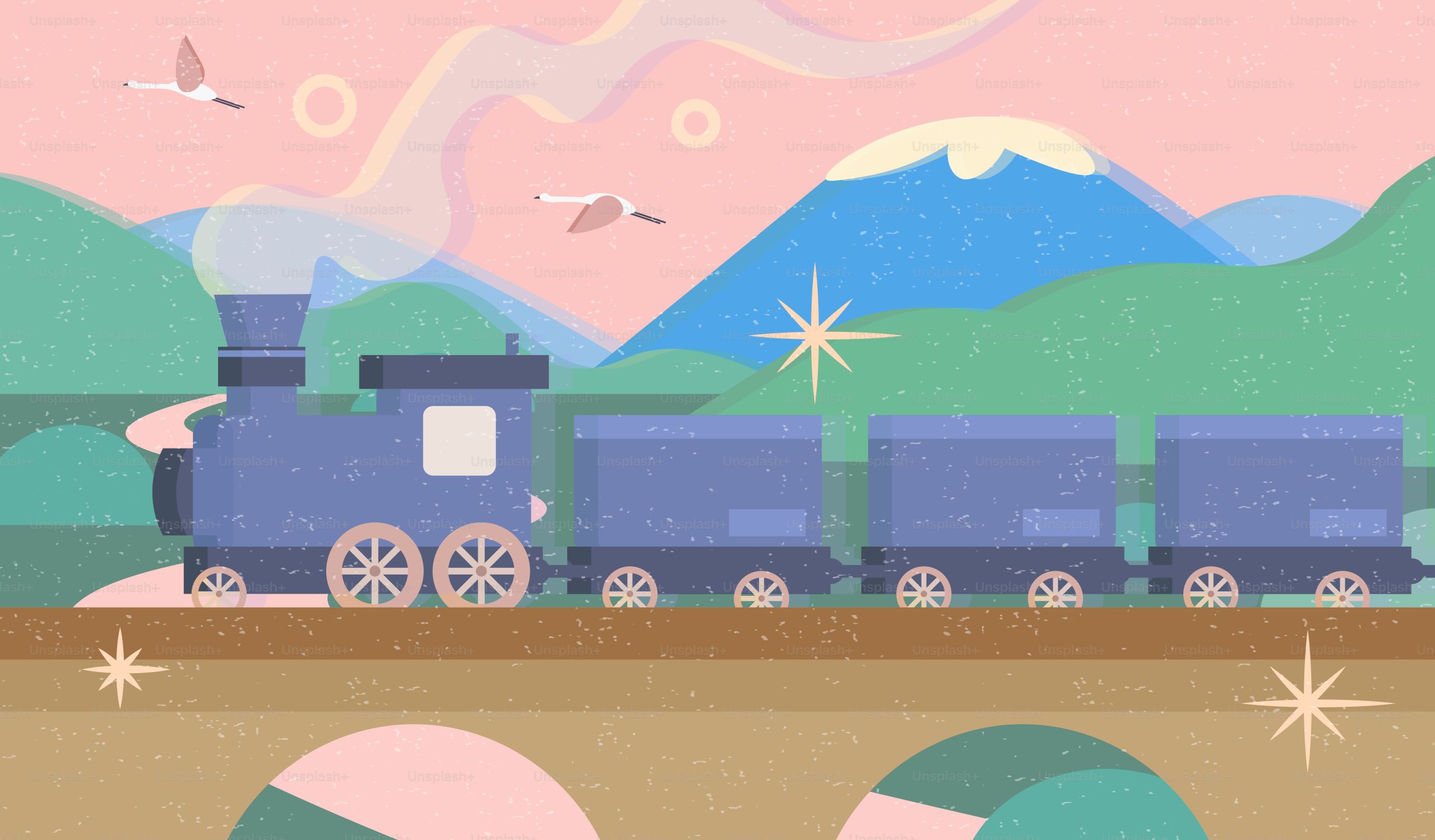 青い列車は山のある橋を渡ります。