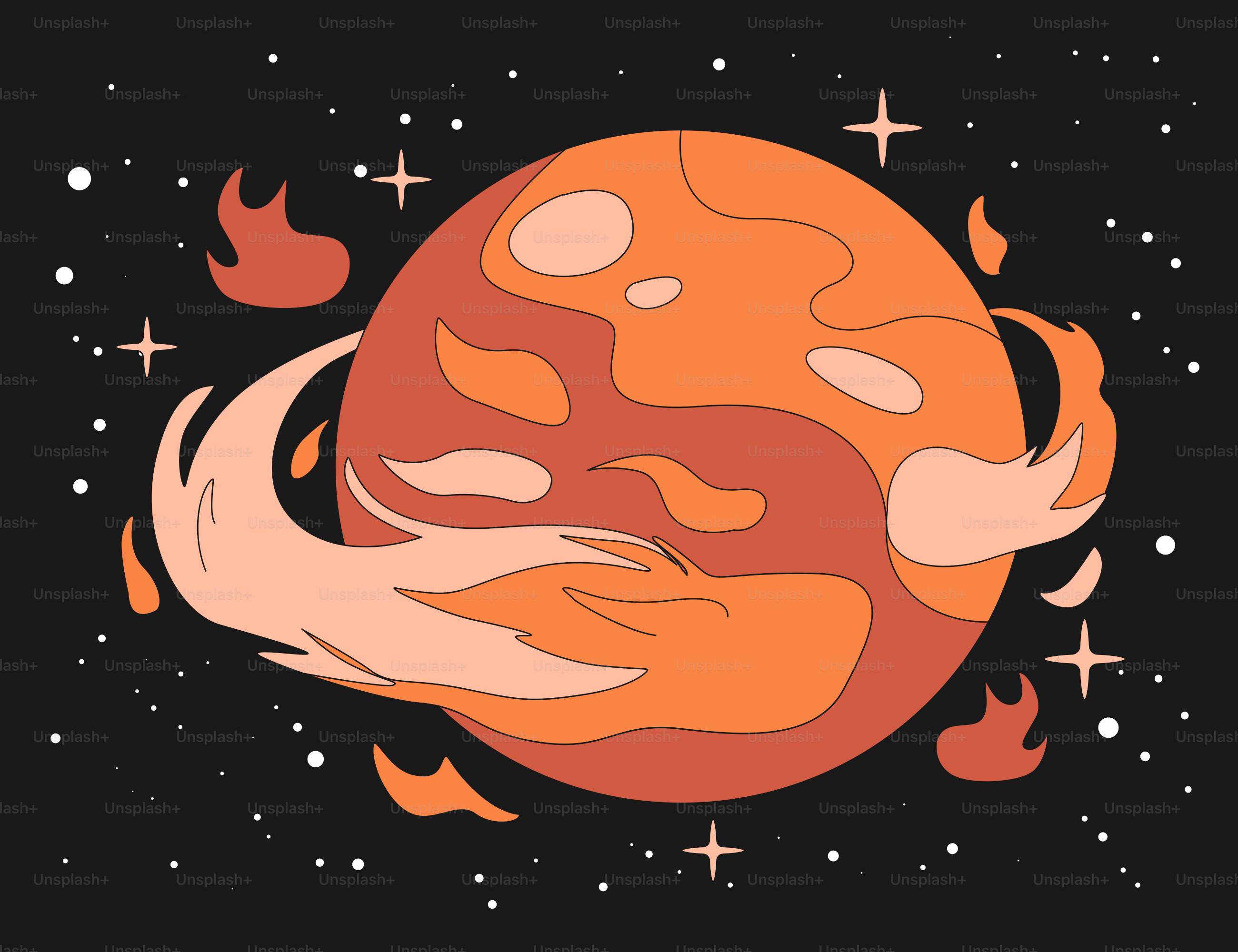 Fiery planet surrounded by stars and flames