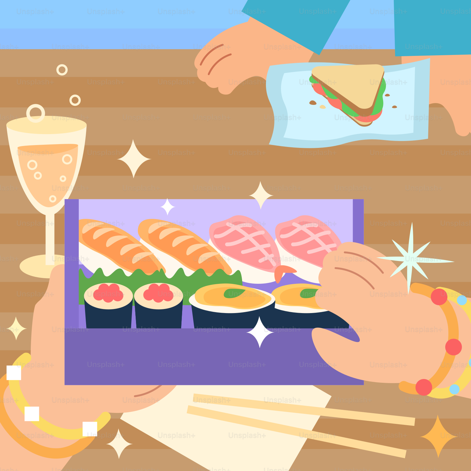 Hands holding a sushi box and a glass of champagne