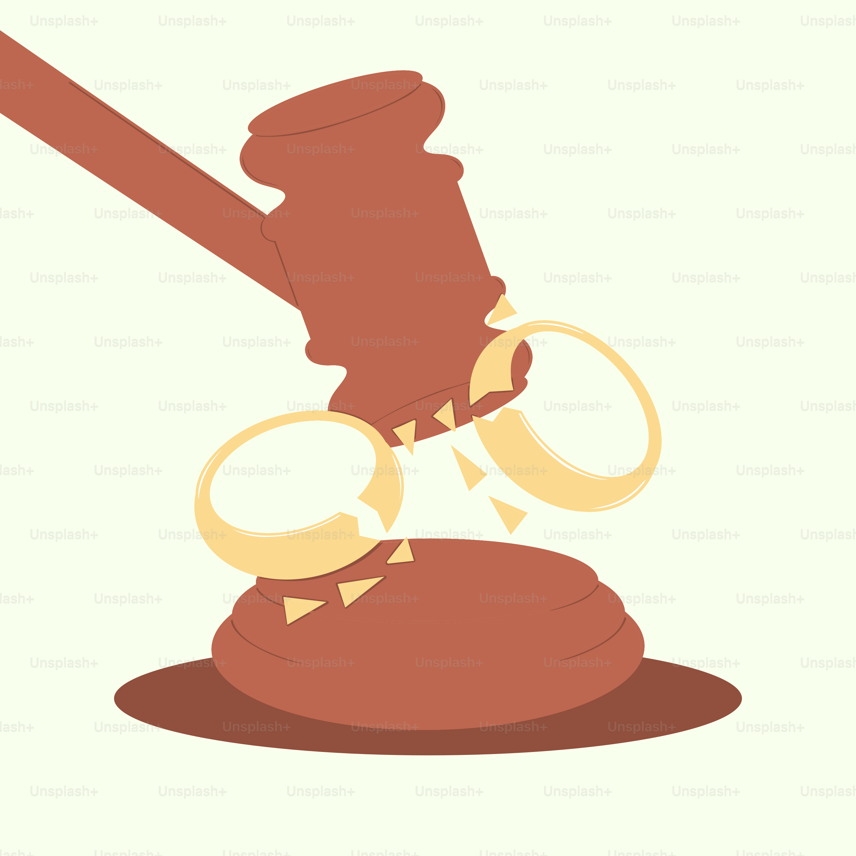 Gavel striking wedding rings on block