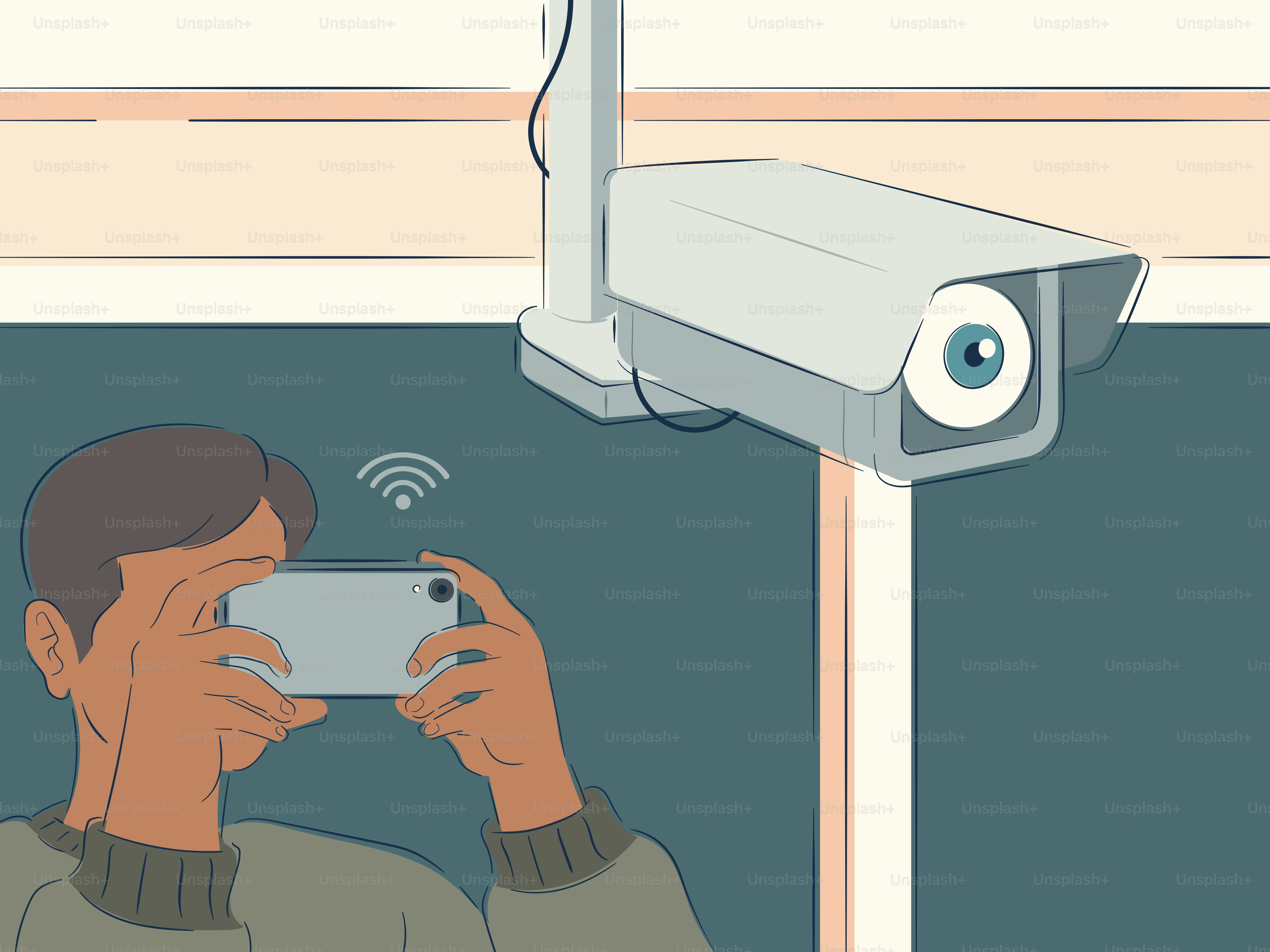 Uomo che filma la telecamera di sicurezza con lo smartphone