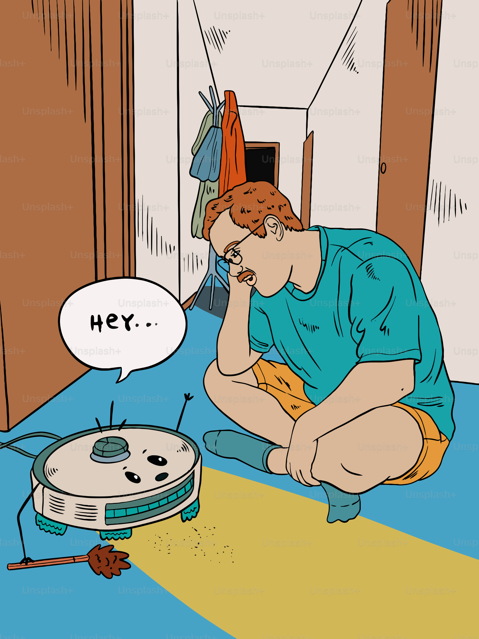 Man watches robot vacuum clean floor