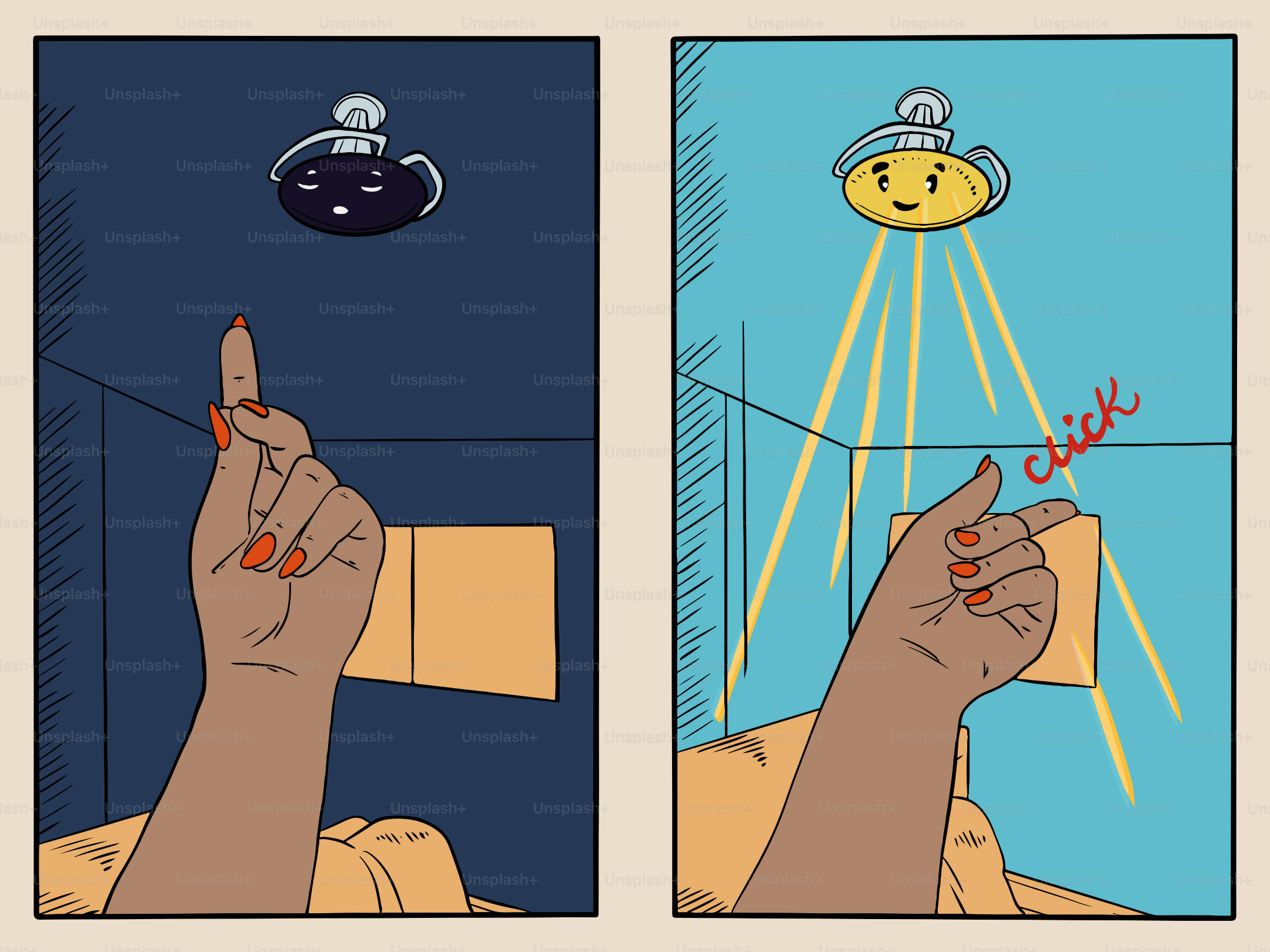 Hand turning on a light fixture with a smiling face.