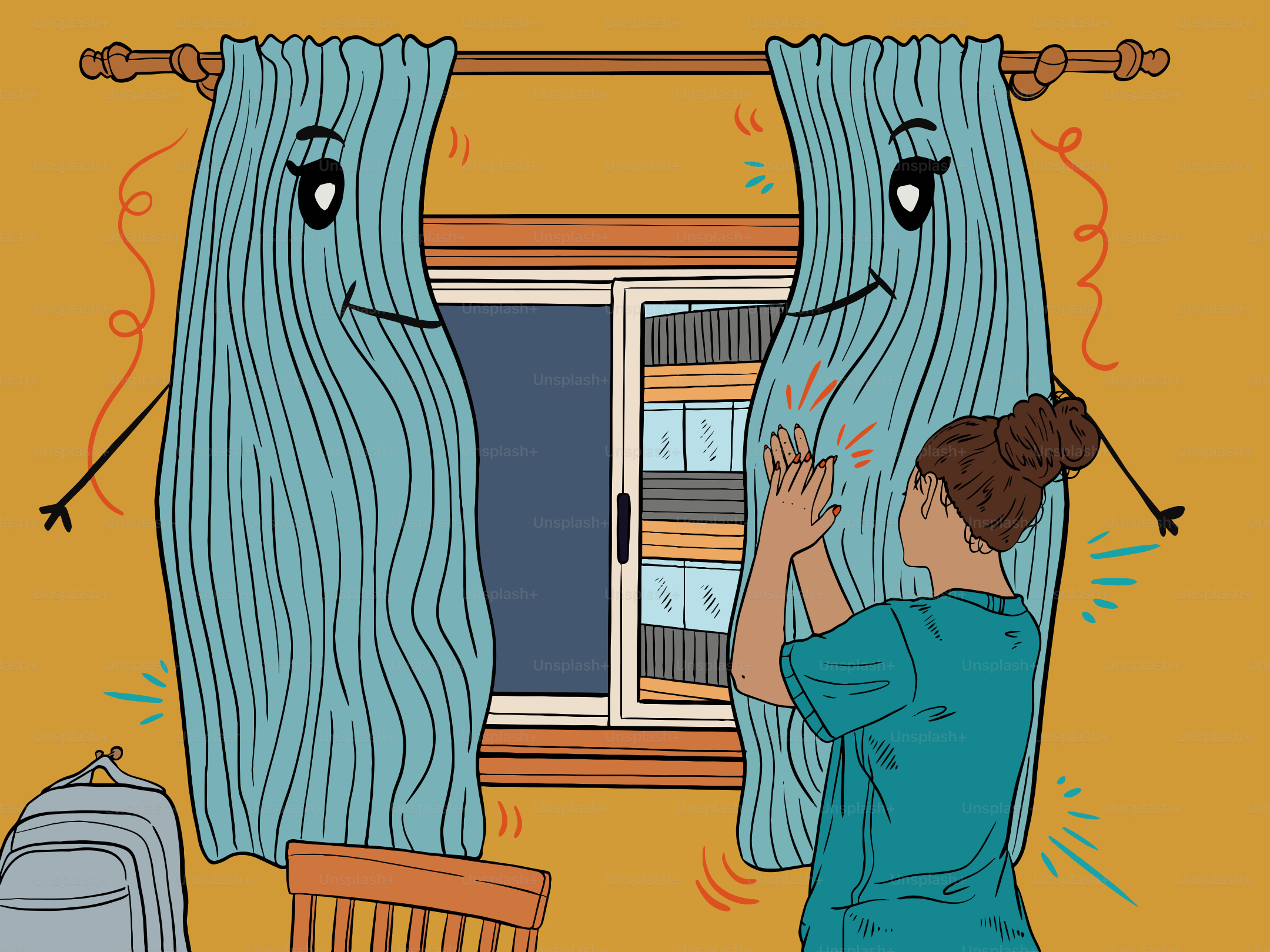 Woman clapping for animated curtains by window.