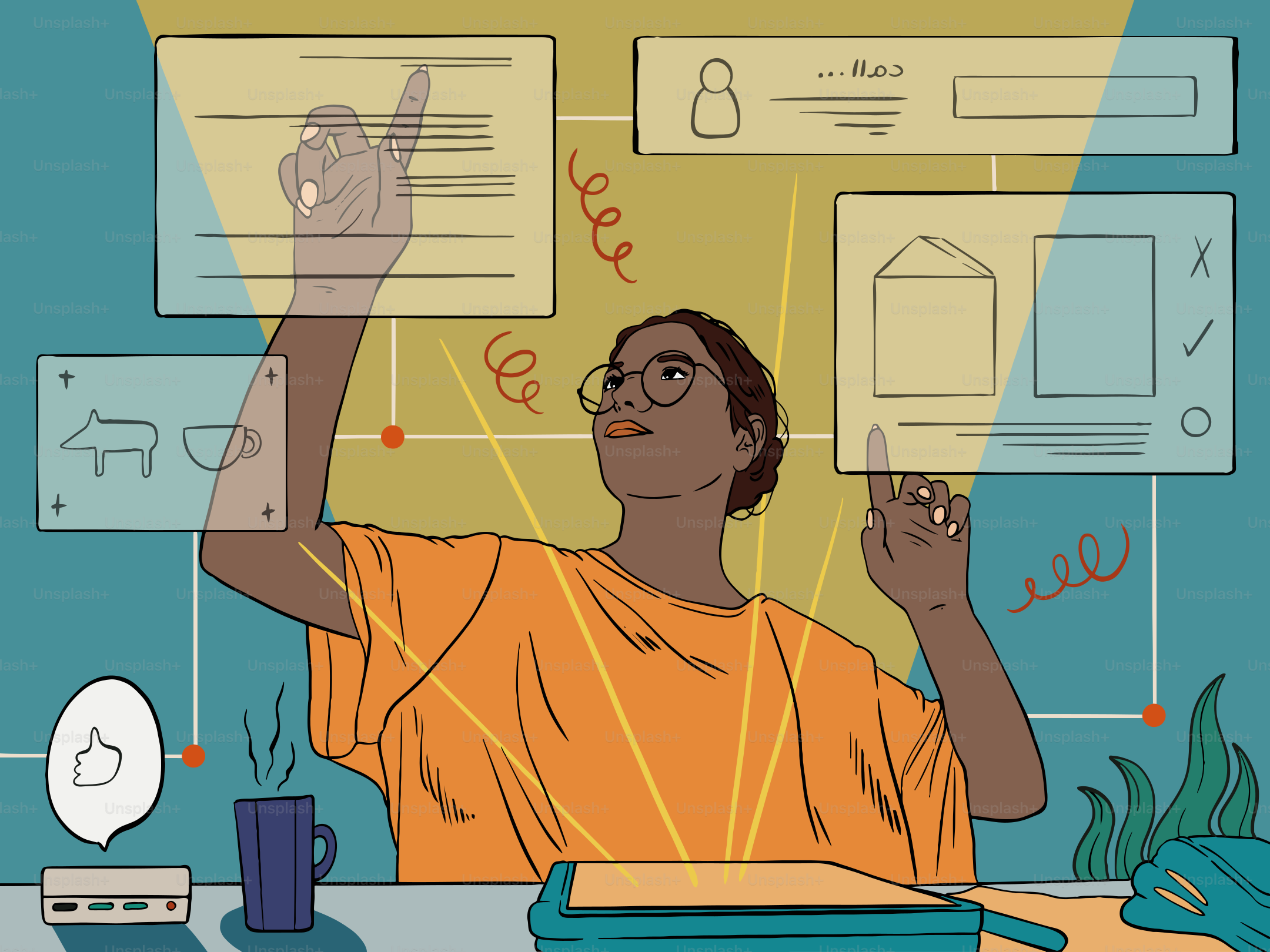 Woman interacting with holographic interfaces and data visualizations.