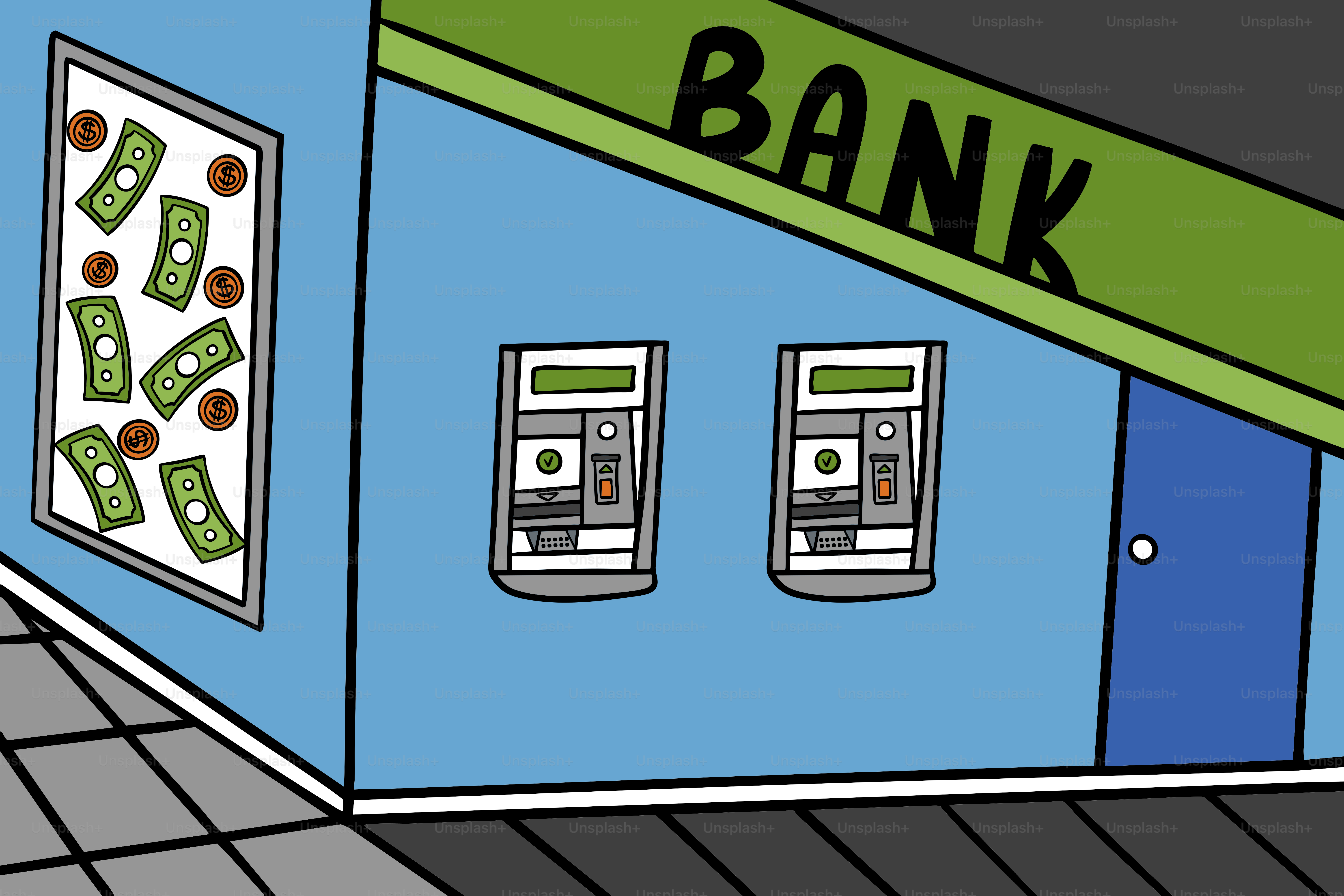 Two atms outside a blue bank building